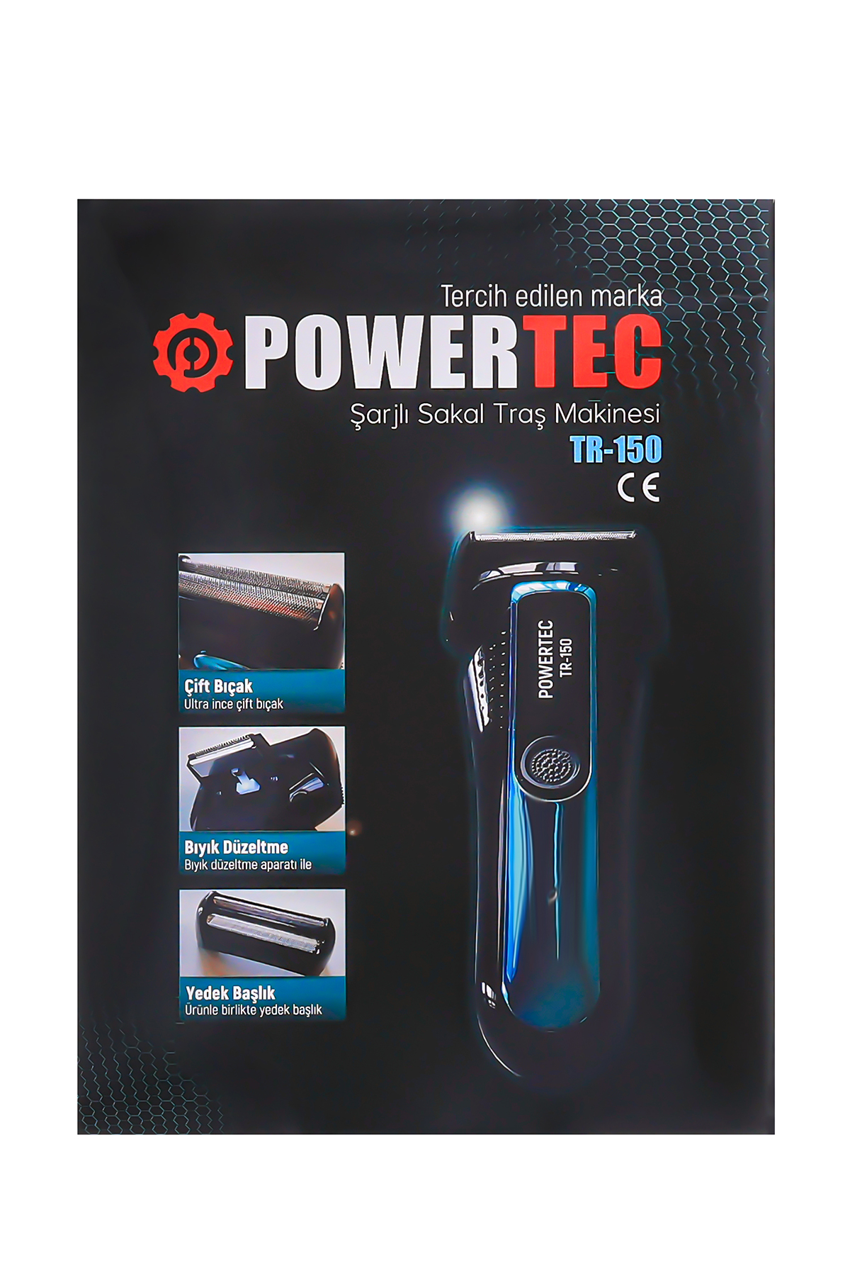 Bir Powertec TR-150 elektrikli tıraş makinesi sergileniyor. Siyah ve mavi bir tasarıma ve özelliklerinin detaylı yakın çekimlerine sahip.