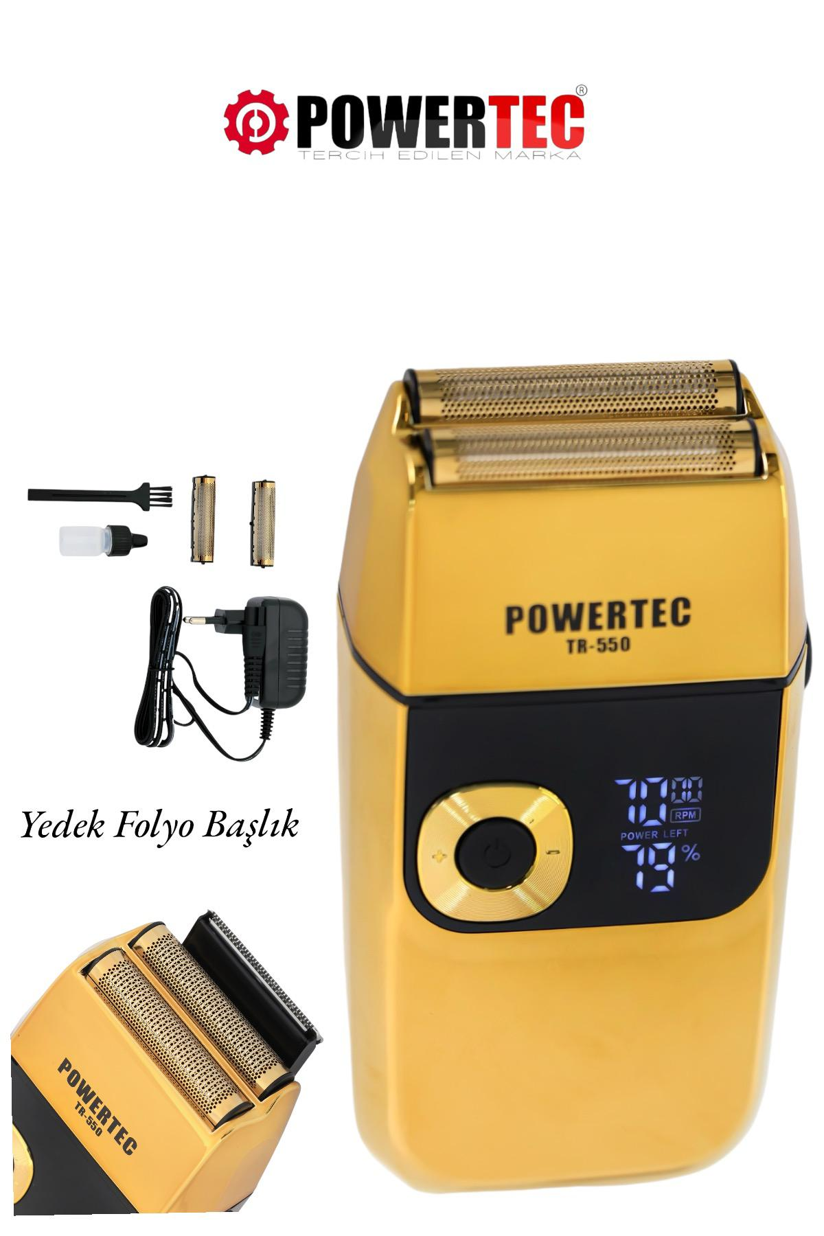 Altın renkli bir Powertec TR-550 tıraş makinesi. Aksesuarlar arasında şarj cihazı, yedek folyo başlıkları ve temizleme fırçası bulunur. Tıraş makinesi pil ömrünü gösteriyor.