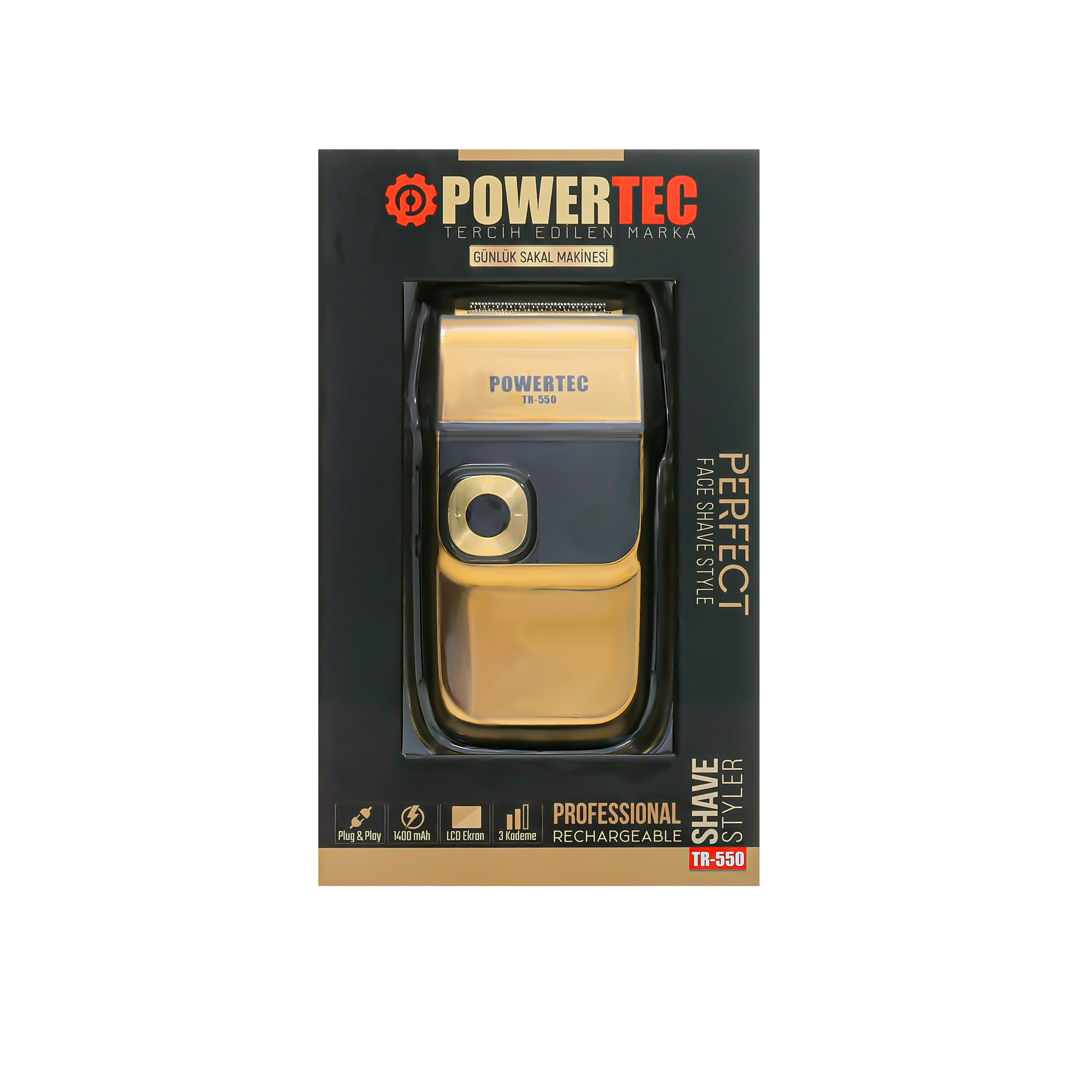 Kutusunda bir Powertec TR-550 elektrikli tıraş makinesi. Kutu siyah ve altın rengi. Üzerinde "Perfect Face Shave Style" yazıyor.