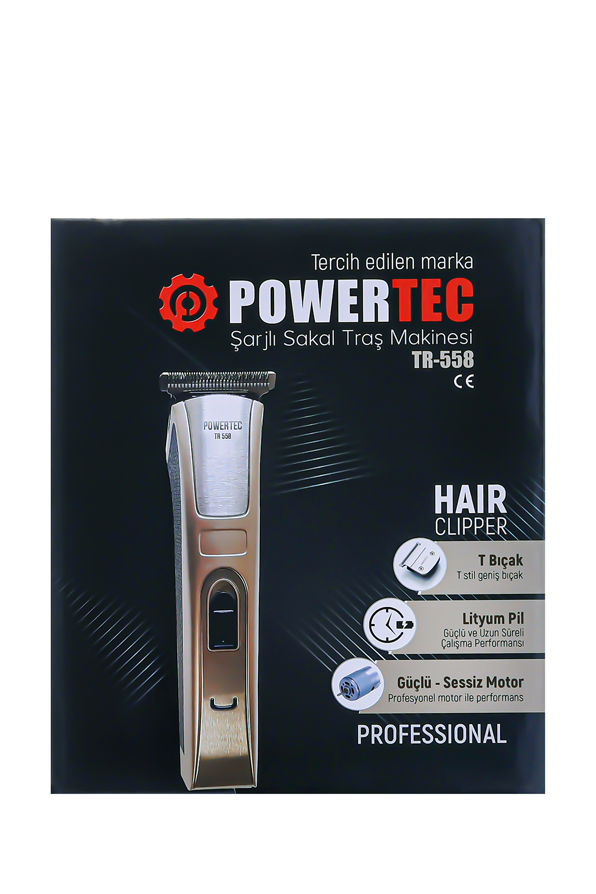 Bir Powertec saç kesme makinesi kutusu. Makinenin bir resmi ve ürünün özellikleri hakkında metin var.