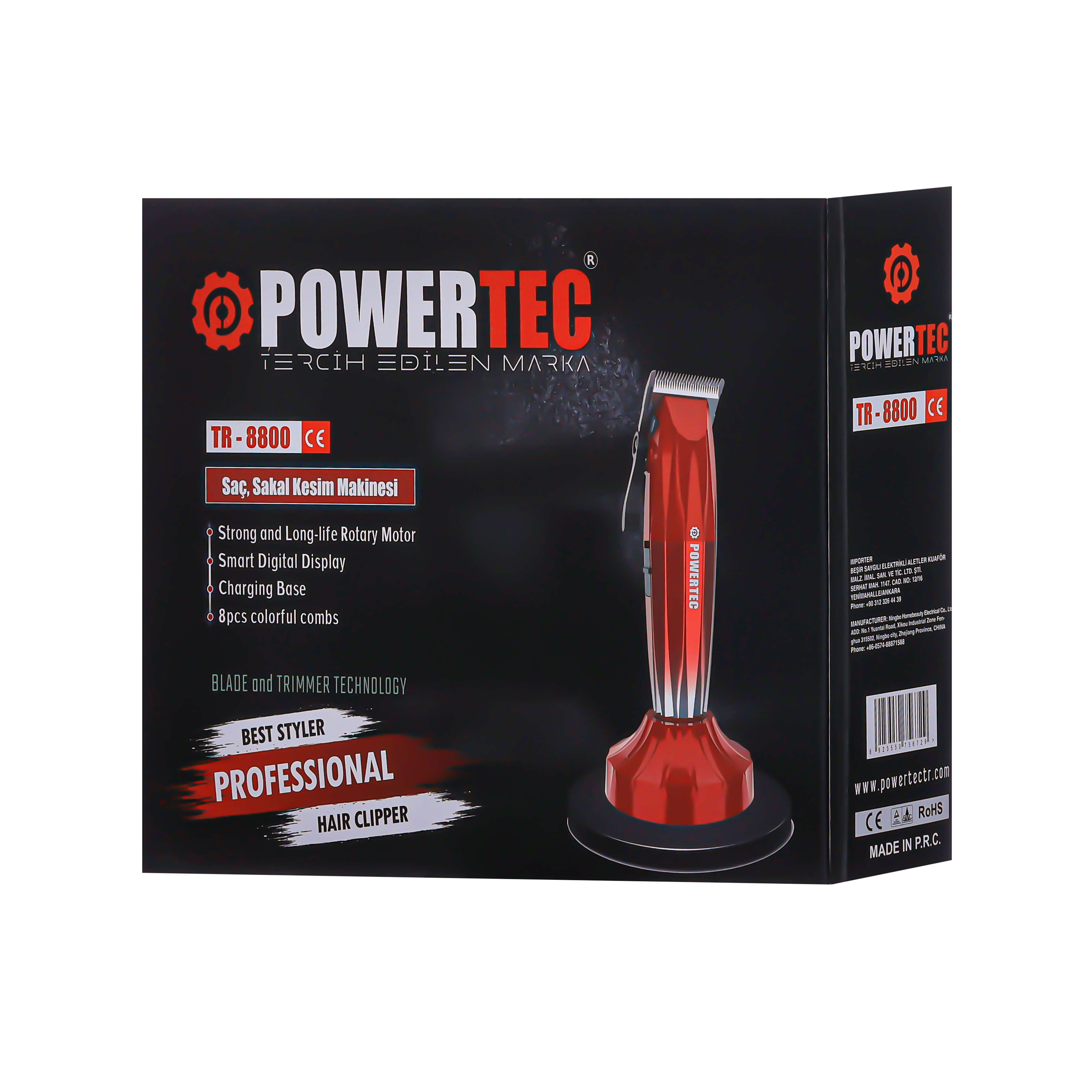 Kırmızı ve siyah bir Powertec saç kesme makinesi kutusu. Kutu, kesme makinesini ve özelliklerini gösteriyor.