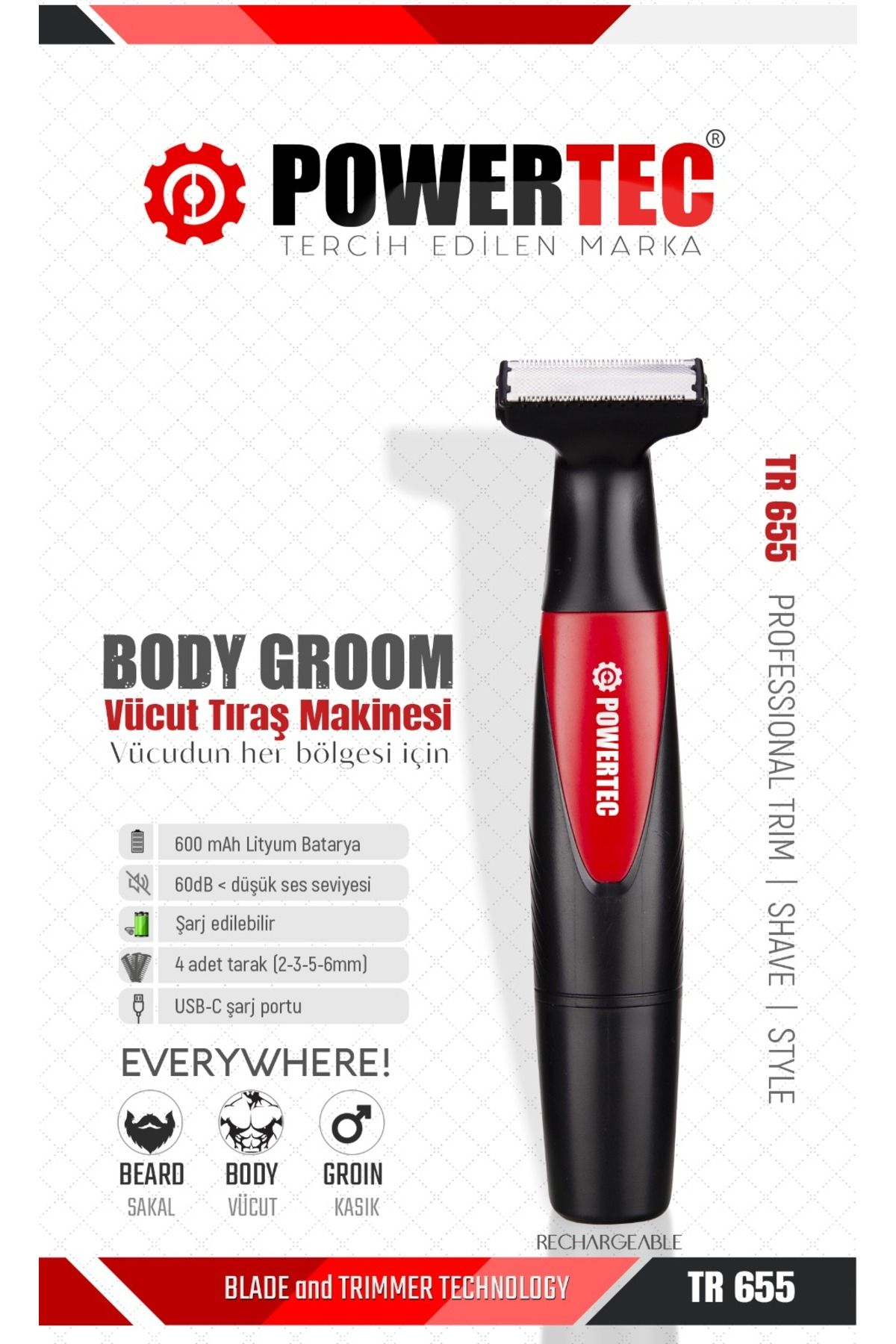 POWERTEC TR-655 (Body Groom) Vücut Tıraş Makinesi