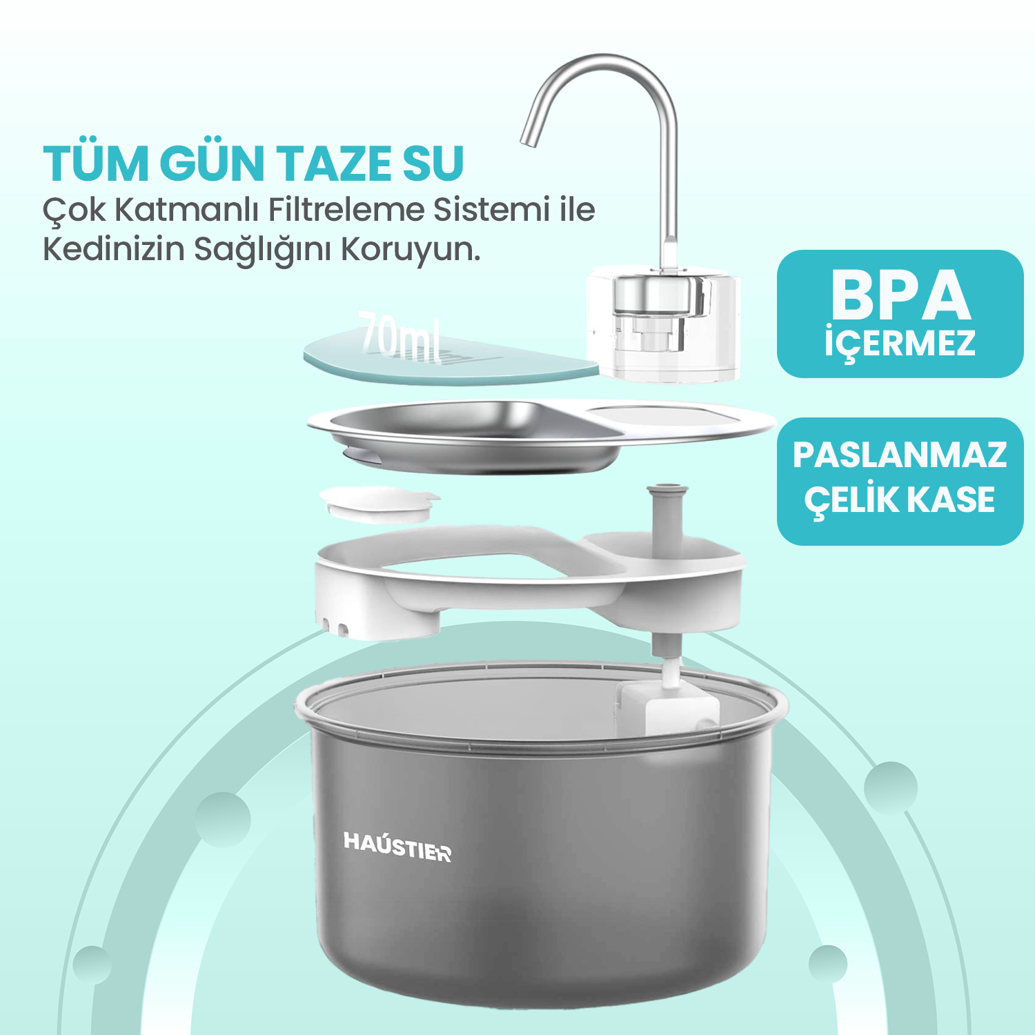 HAUSTIER WF009LS Şeffaf Otomatik Kedi Su Kabı Beyaz