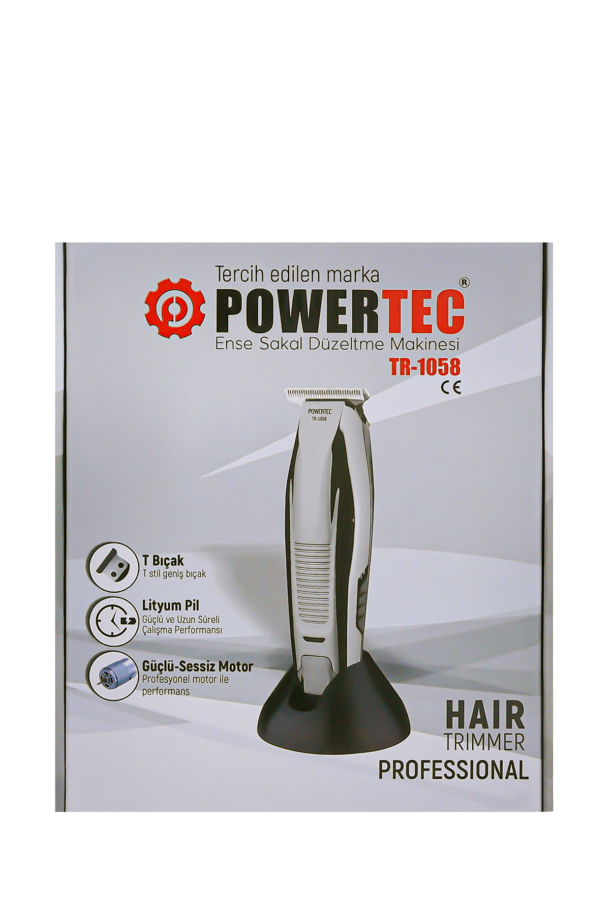 Bir POWERTEC saç kesme makinesi bir stand üzerinde. Kutuda T bıçağı, lityum pil ve güçlü, sessiz bir motor gibi özellikler görülüyor.