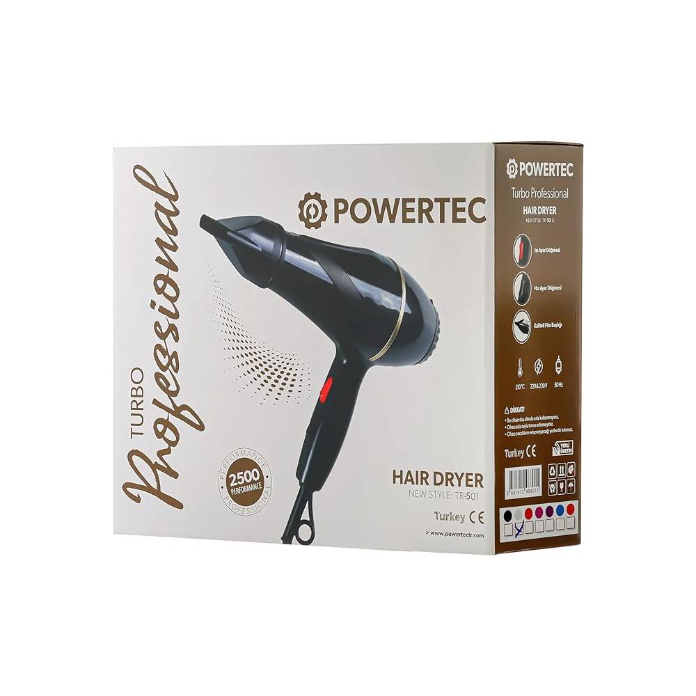 Siyah bir saç kurutma makinesi olan bir kutu. 'POWERTEC Turbo Professional HAIR DRYER' olarak etiketlenmiştir. Metin '2500 PERFORMANCE PROFESSIONAL' içerir.