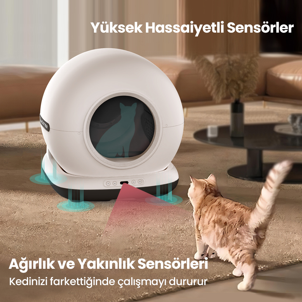 Kırmızı lazer yayan bir kedi ve beyaz bir kedi tuvaleti. Metin: Yüksek Hassasiyetli Sensörler, Ağırlık ve Yakınlık Sensörleri.