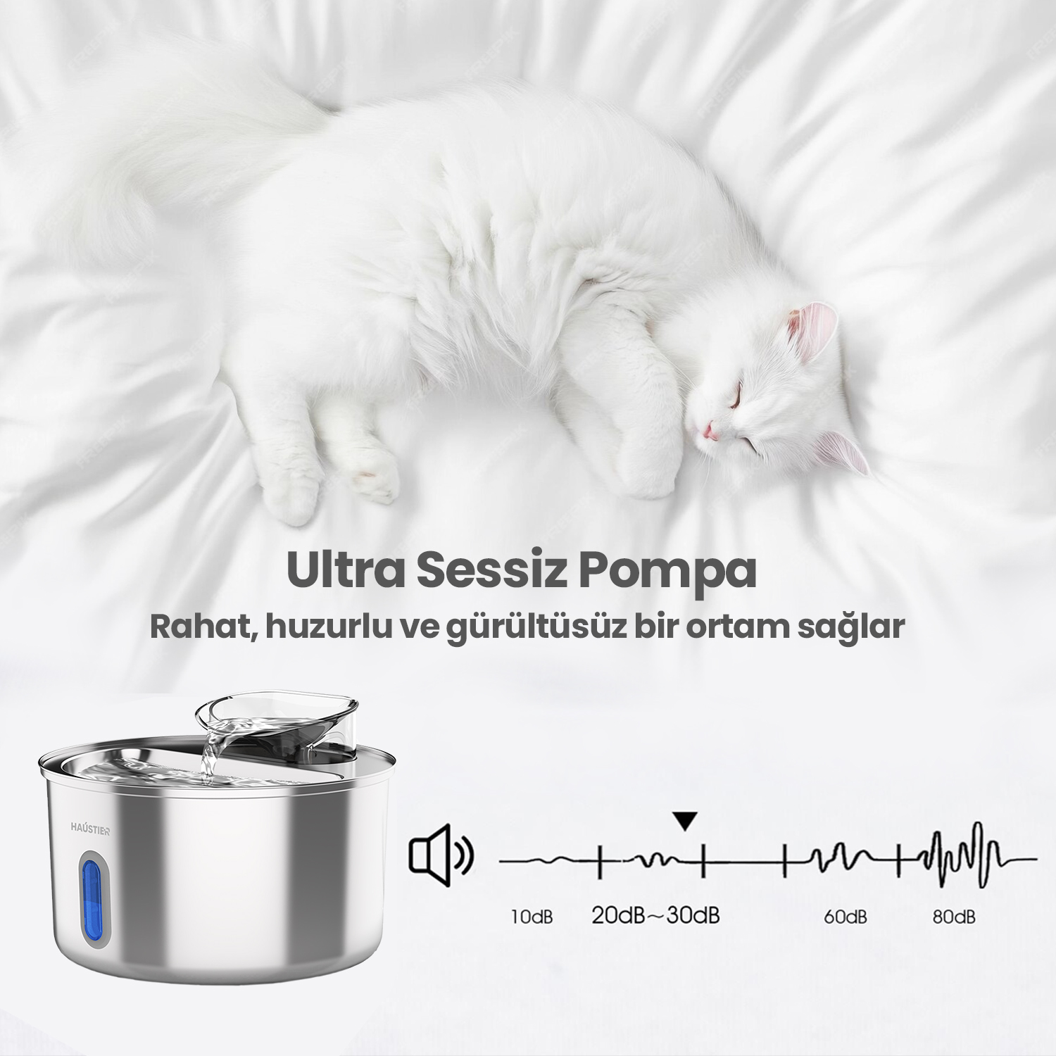 Beyaz bir kedi beyaz yatak örtüsünde uyuyor. Bir su çeşmesi gösteriliyor. Metin 'Ultra Sessiz Pompa' ve 'Sakin, huzurlu bir ortam sağlar' diyor.
