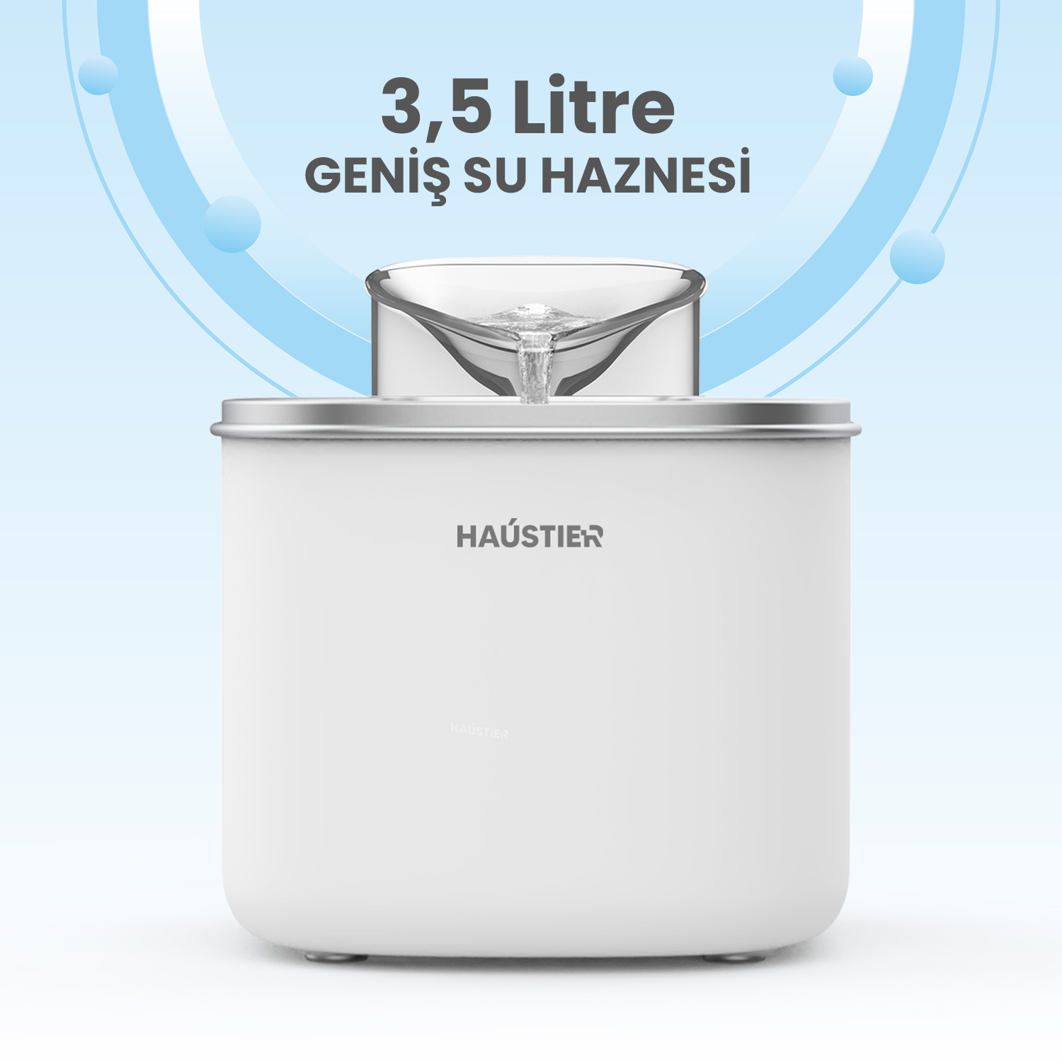 Beyaz eşyadan su akıyor. Metinde '3,5 Litre GENİŞ SU HAZNESİ' yazıyor. Su damlacıklarıyla mavi arka plan.
