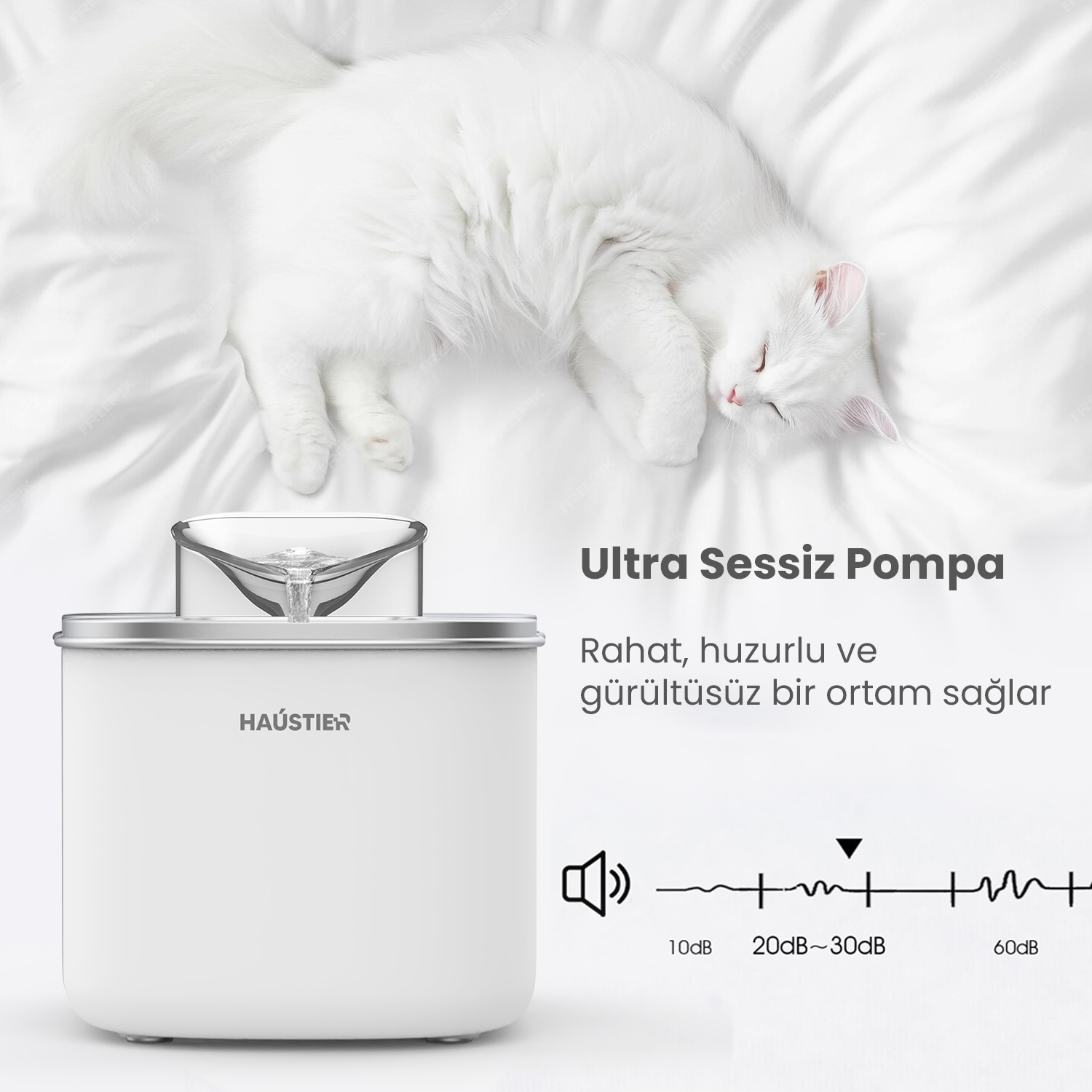 Beyaz bir kedi beyaz bir yüzeyde yatıyor. Kedinin altında, "Ultra Sessiz Pompa" yazılı beyaz bir su çeşmesi var.