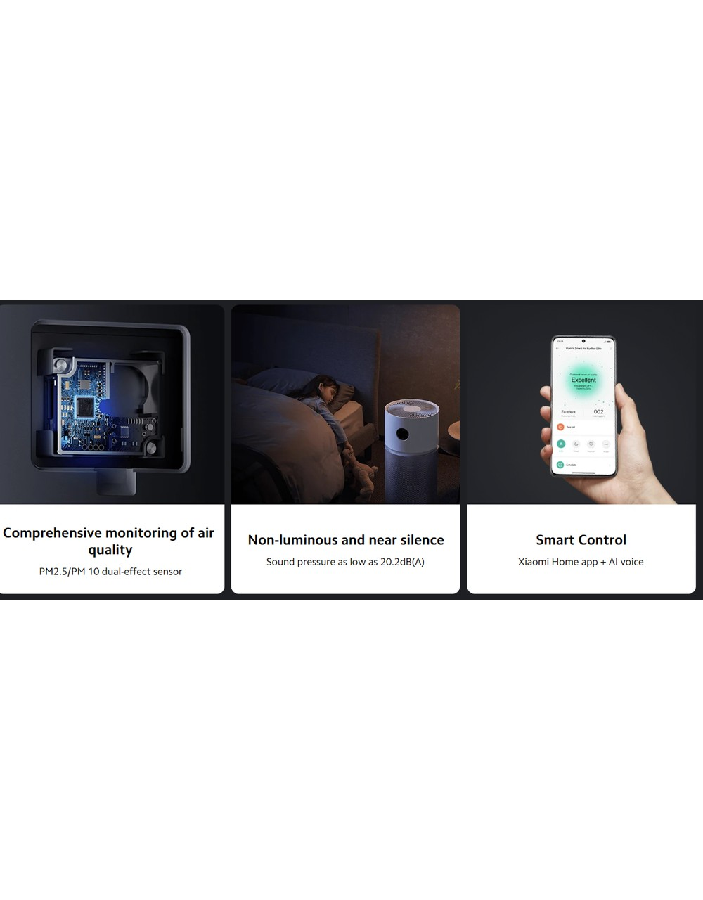 Zdjęcie przedstawia oczyszczacz powietrza z płytką obwodu, śpiącą osobę i telefon pokazujący jakość powietrza. Tekst: kompleksowy monitoring jakości powietrza.