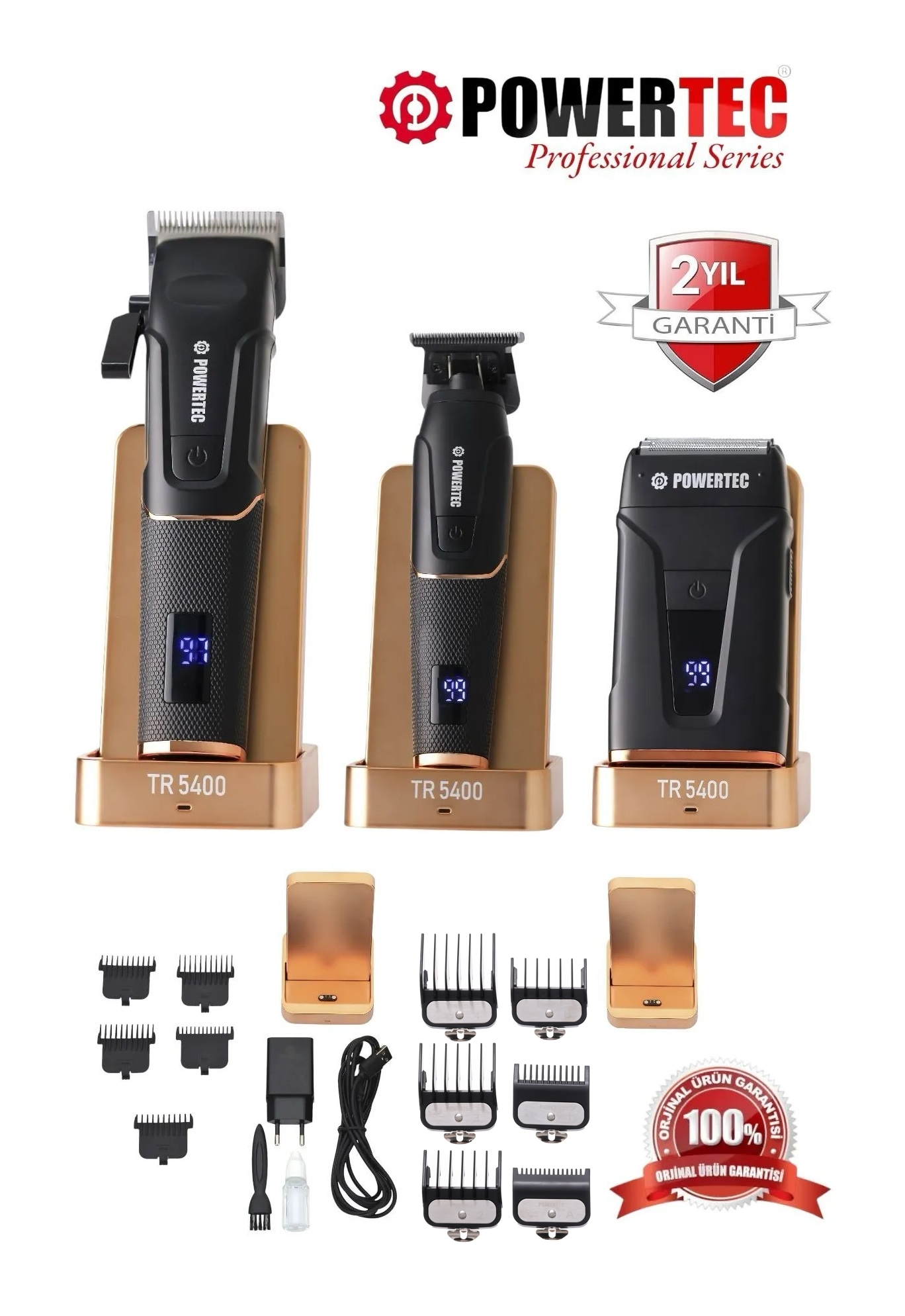 POWERTEC TR-5400 Profesyonel 3'lü Saç, Sakal, Günlük Tıraş Makinesi Siyah