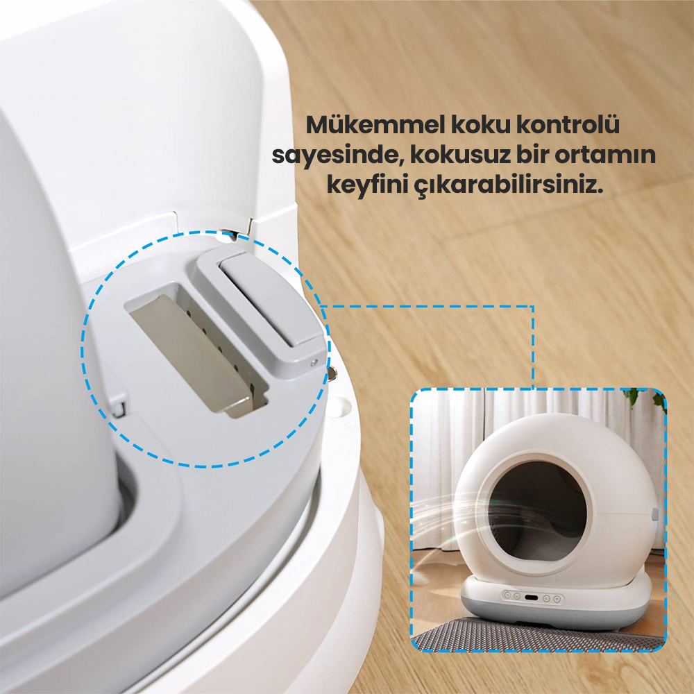 Yuvarlak girişli ve gri tabanlı beyaz kedi tuvaleti. Görüntü, iç bileşenlerin yakın çekimini gösteriyor.
