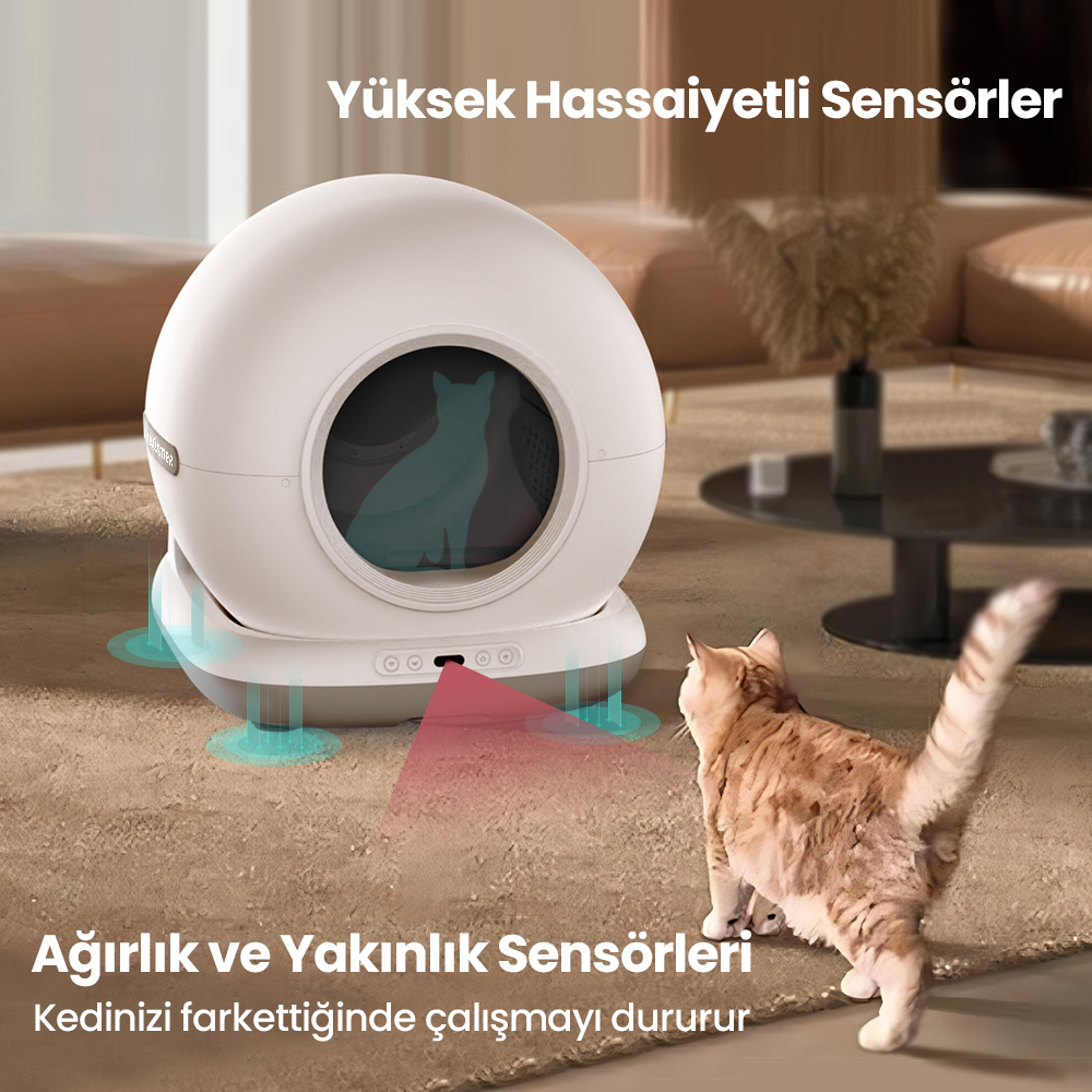 Bir kedi beyaz, küresel bir kedi kumuna yaklaşıyor. Kutuda sensörler ve kırmızı bir ışın var. Türkçe metin özelliklerini açıklıyor.