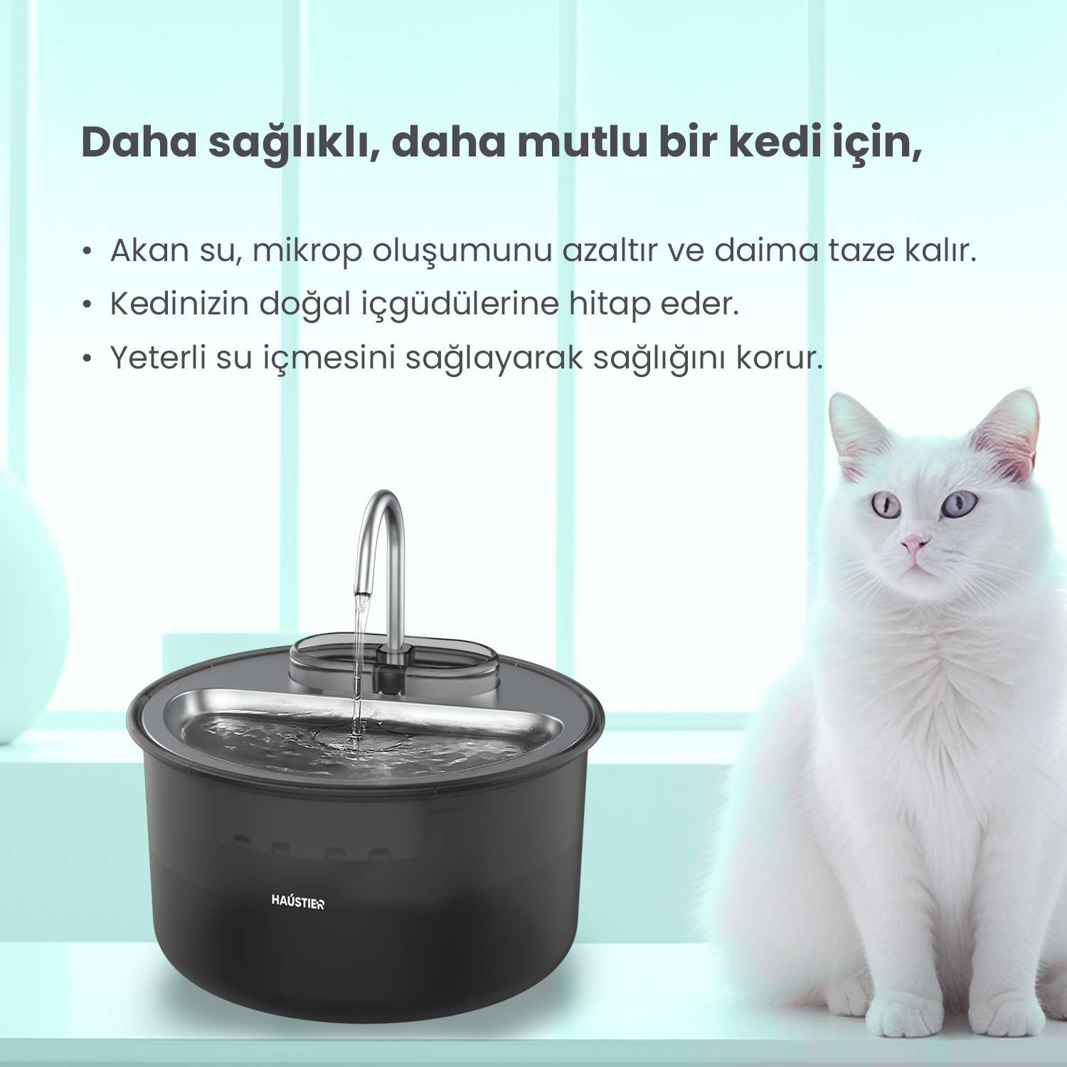 Beyaz bir kedi, akan suyu olan siyah bir evcil hayvan çeşmesinin yanında oturuyor. Metin, kedi sağlığı için çeşmeyi tanıtıyor.