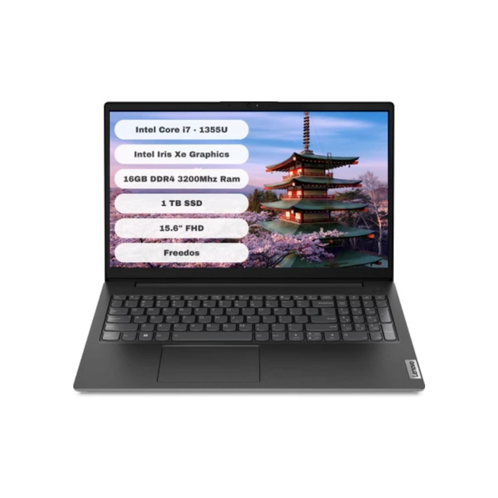 Açık bir Lenovo dizüstü bilgisayar, bir pagoda sahnesi gösteriyor. Özellikler arasında Intel i7, Iris Xe, 16GB RAM, 1TB SSD, 15.6" FHD ve Freedos yer alıyor.