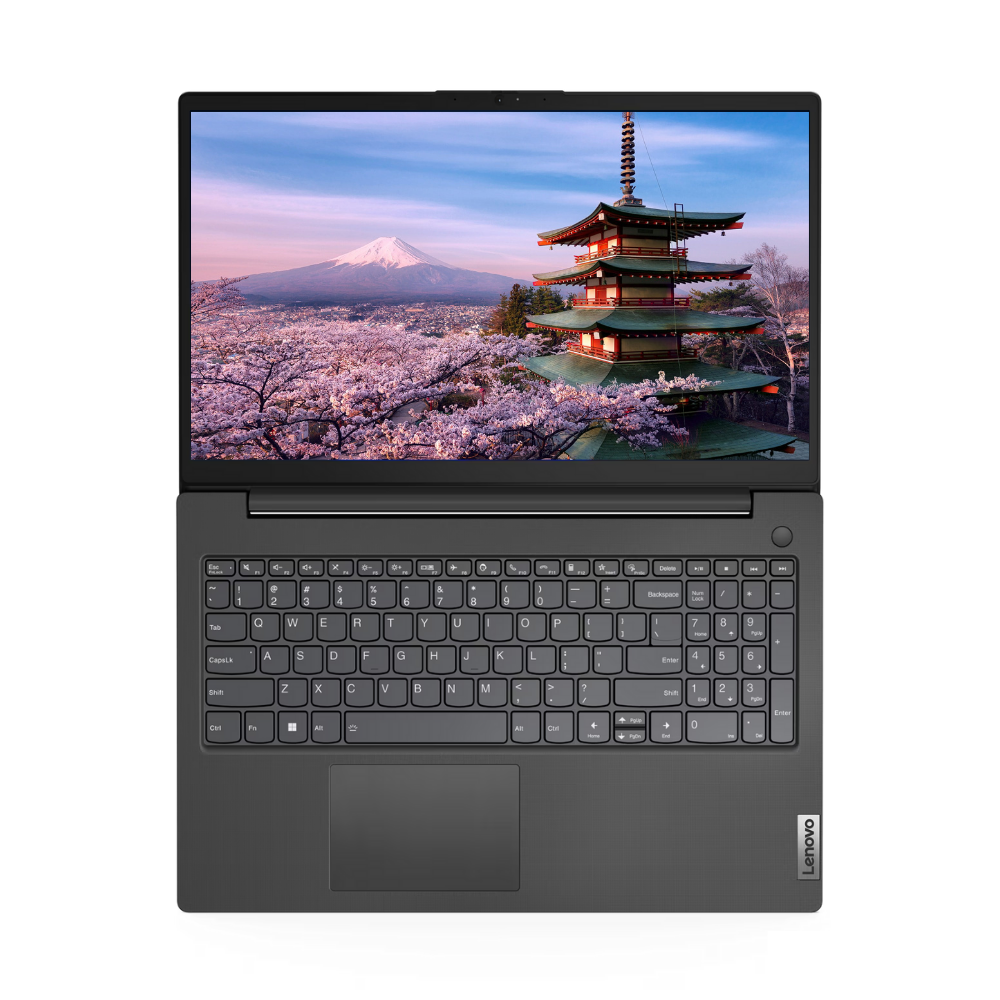 Bir Lenovo dizüstü bilgisayar, Japon manzarasını gösteriyor: dağ, pagoda ve kiraz çiçekleri. Klavye, gri bir yüzeyde, altında görülebilir.