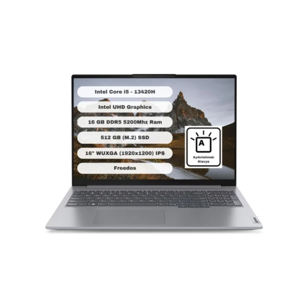 Gümüş bir dizüstü bilgisayar özellikleri sergiliyor: Intel Core i5, 16 GB RAM, 512 GB SSD, 16" IPS ekran. Arka planda dağ manzarası.