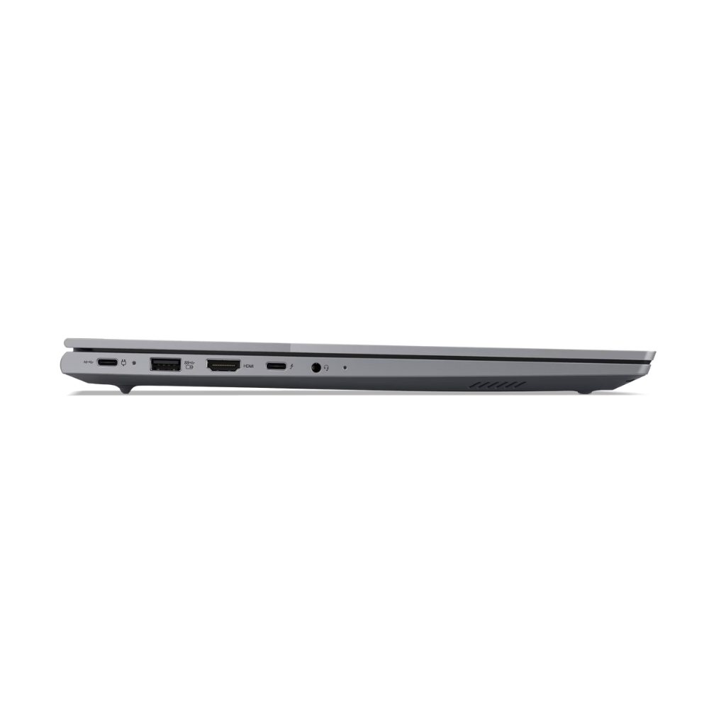 Gri bir dizüstü bilgisayarın yan görünümü. Görünür bağlantı noktaları arasında USB-C, USB, HDMI ve ses jakı bulunur. Alt kenarda havalandırma yarıkları vardır.