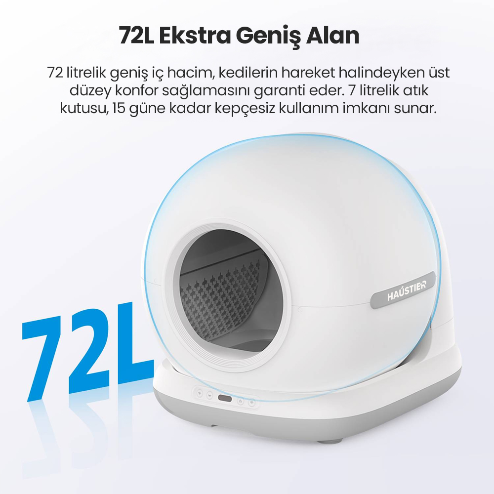 Büyük açıklıklı beyaz ve gri bir kedi kumu kabı. Metin '72L Extra Wide Area' şeklinde.