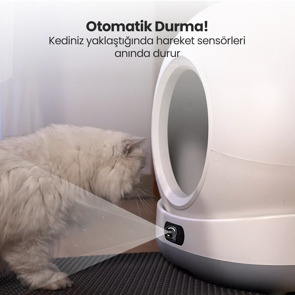 Beyaz bir kedi otomatik bir kedi tuvaletini inceliyor. Kutu beyaz, gri tabanlı. Üstte şu yazıyor: 'Otomatik Durdurma!'
