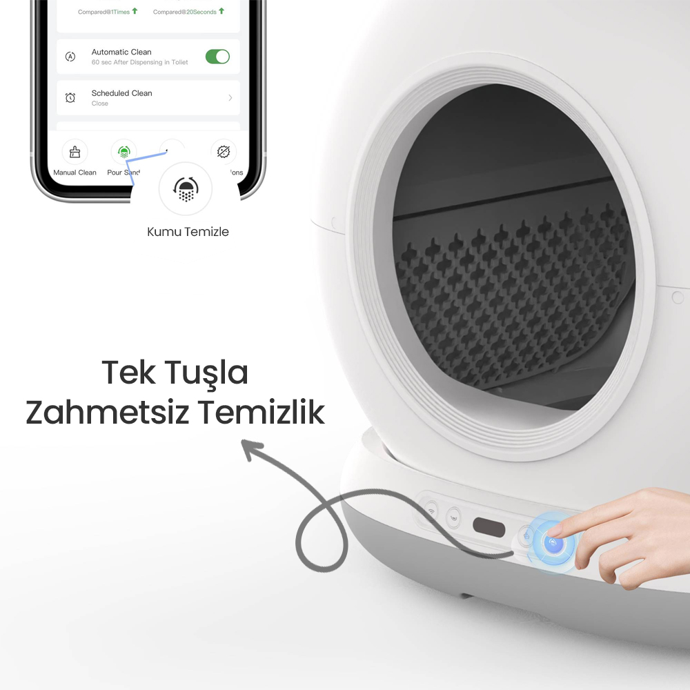 Büyük bir açıklığa sahip beyaz bir evcil hayvan temizleme makinesi. Bir el mavi bir düğmeye basıyor. Bir telefon temizleme seçeneklerini gösteriyor.