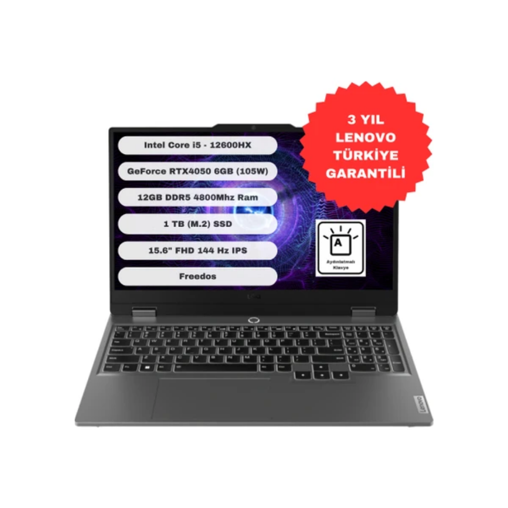 Lenovo dizüstü bilgisayar, teknik özellikler ve Türkçe garanti bilgileri içeren kırmızı bir etiketle sergileniyor. Siyah bir klavyesi var.