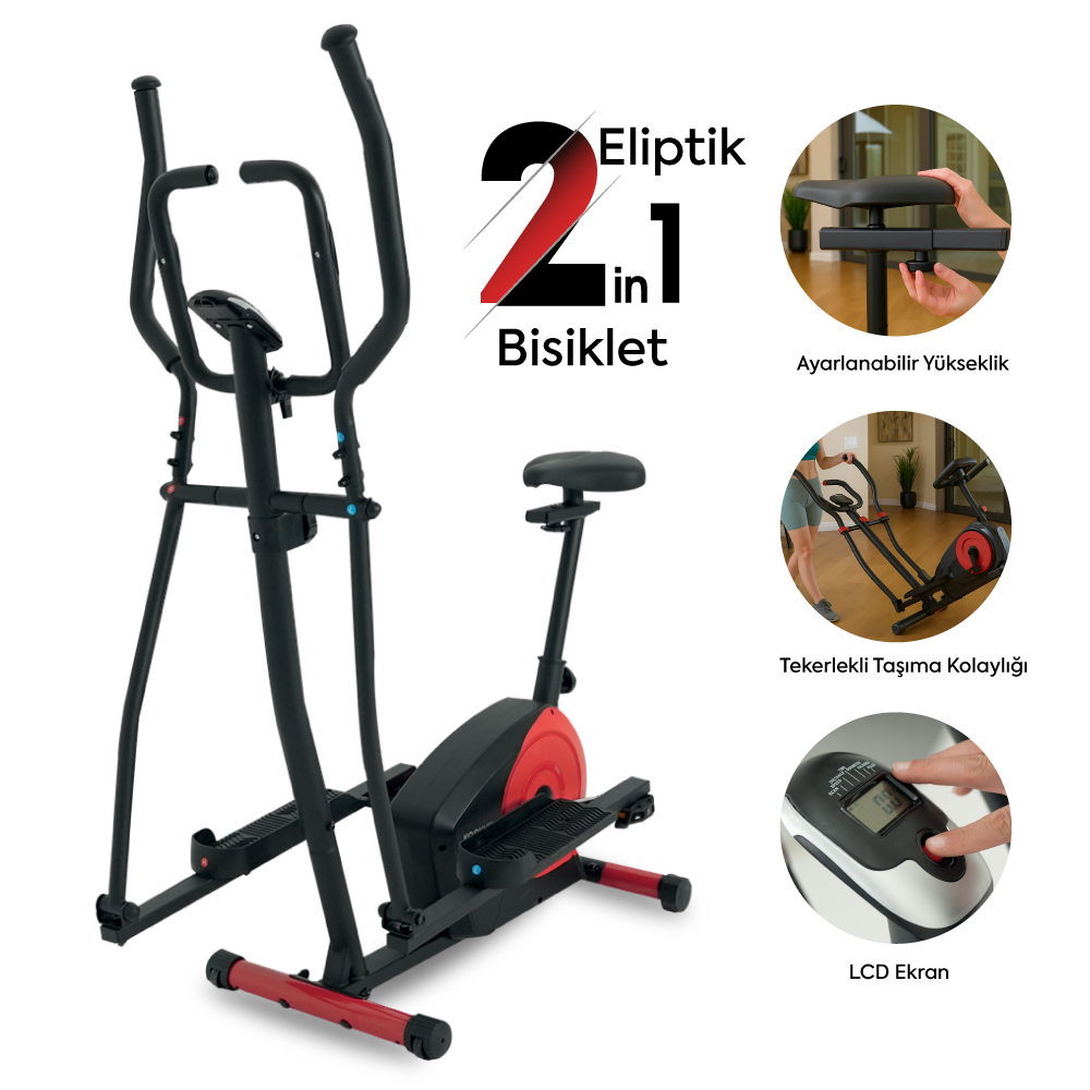 Siyah ve kırmızı bir eliptik bisiklet. Bir koltuğu, kolları ve LCD ekranı vardır. Görüntü, bisikletin özelliklerinin ayrıntılarını gösteriyor.