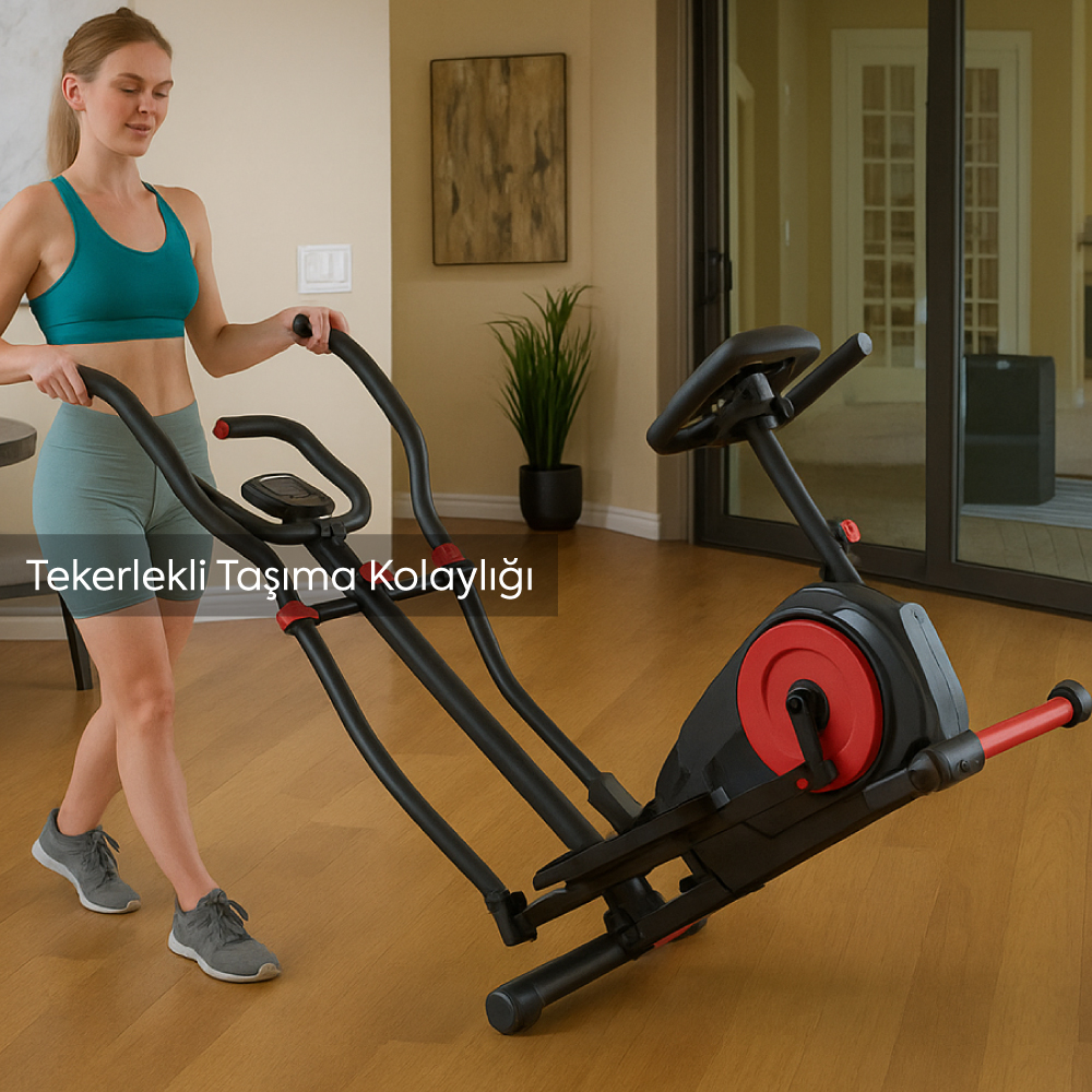 Kadın, iç mekanda eliptik makine kullanıyor. Spor kıyafetleri giyiyor. Makine siyah ve kırmızı.