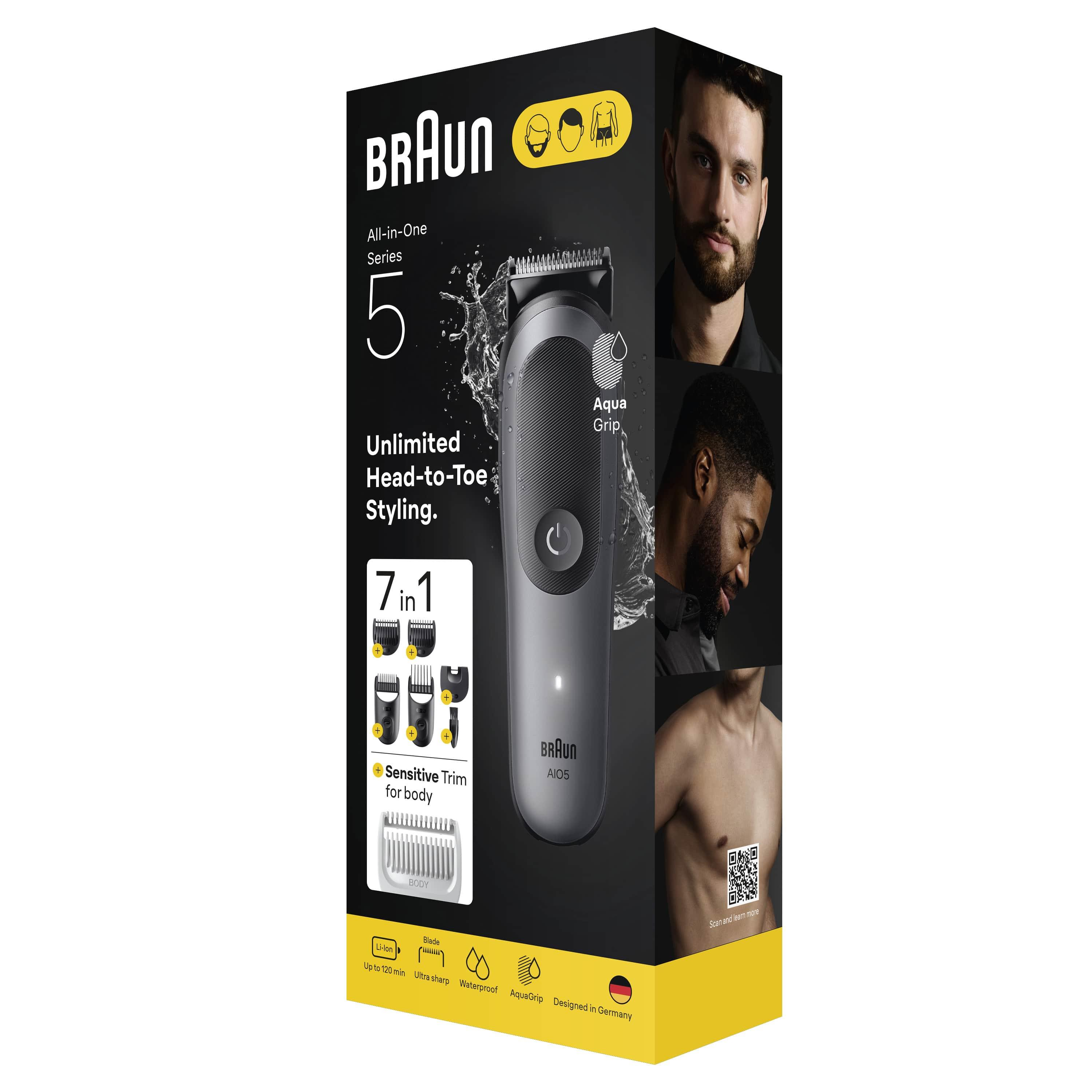 Braun Series 5 All-in-One düzeltici kutusu. Düzeltici, aksesuarlar ve erkeklerin resimlerini içerir. Aqua Grip.