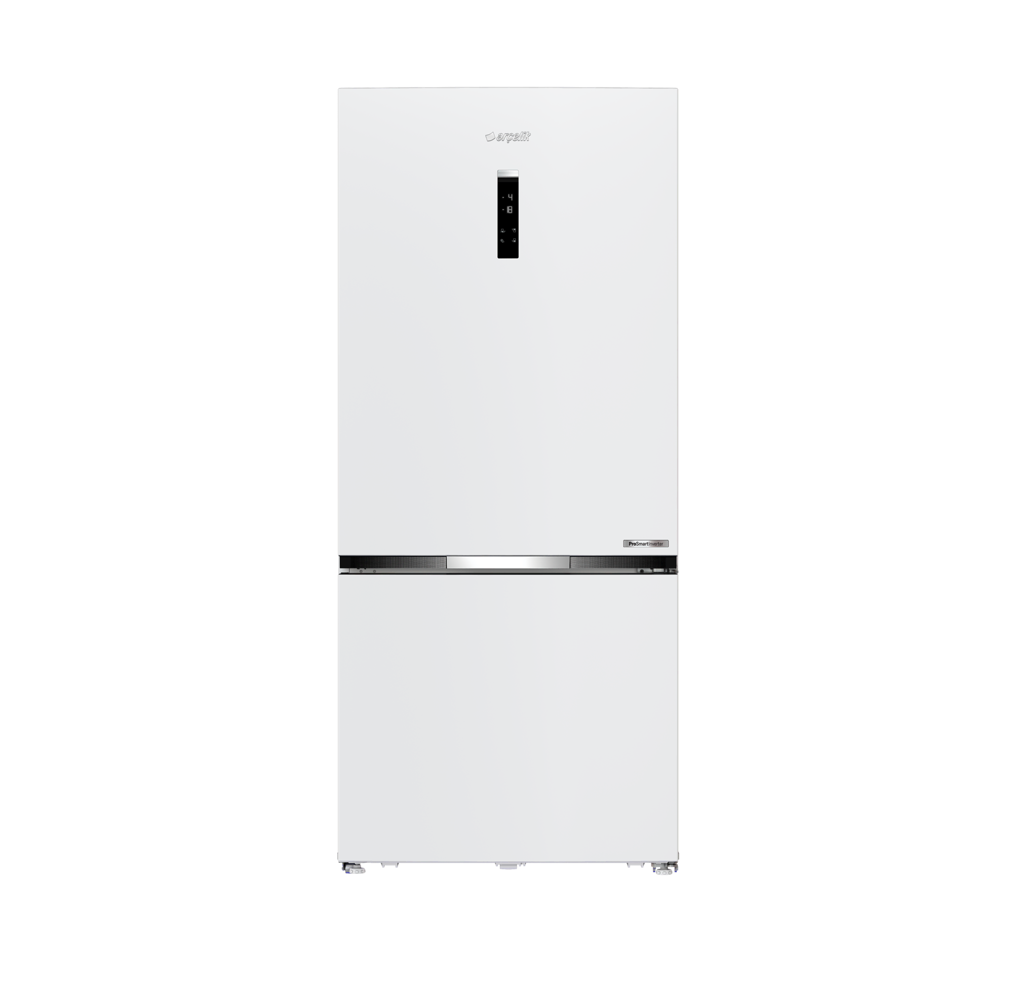 Beyaz bir Arçelik buzdolabı. Dijital bir ekranı ve ProSmart Inverter özelliği var. Modern ve temiz bir tasarım.