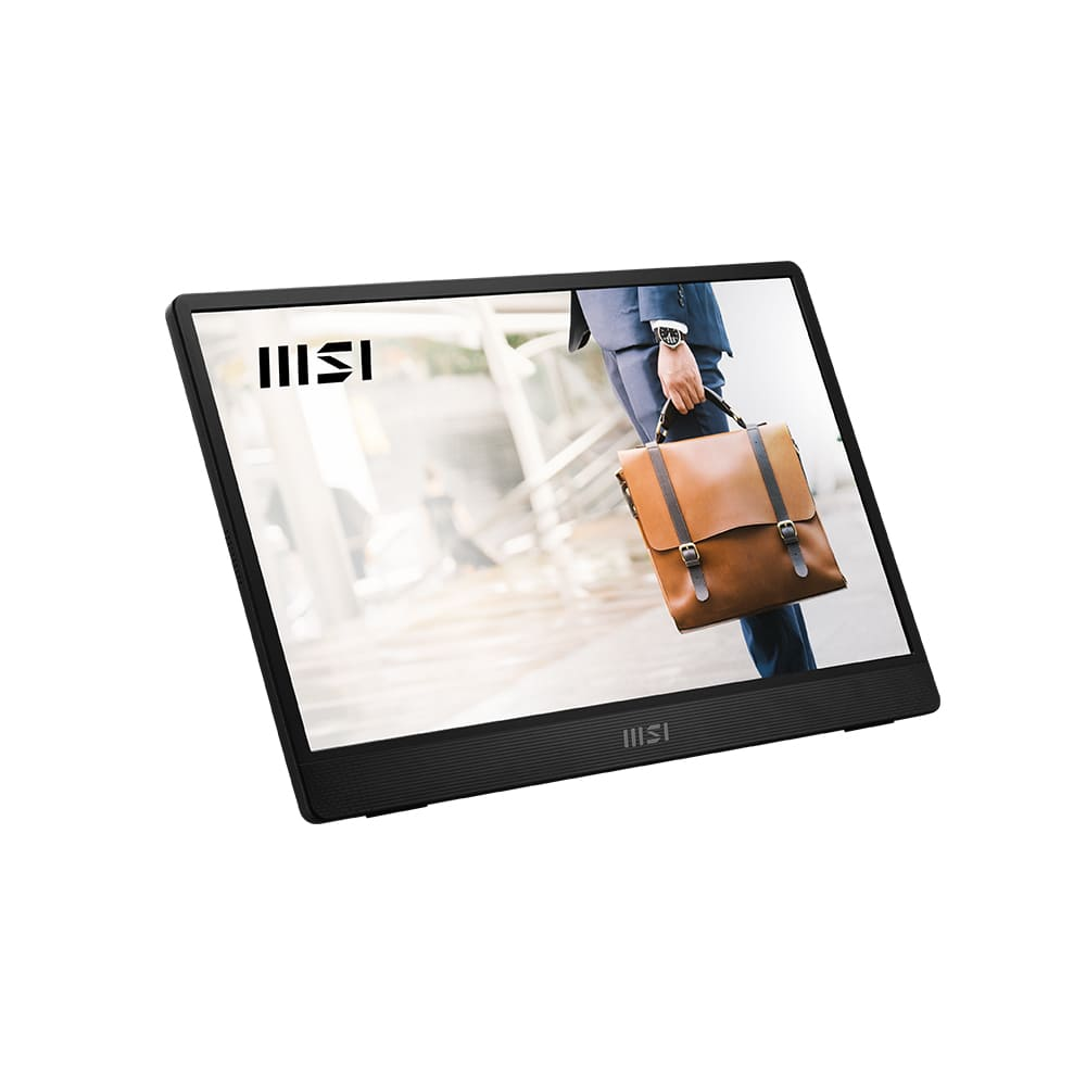 Czarny monitor wyświetla osobę trzymającą brązową skórzaną torbę. Logo MSI jest widoczne na monitorze.