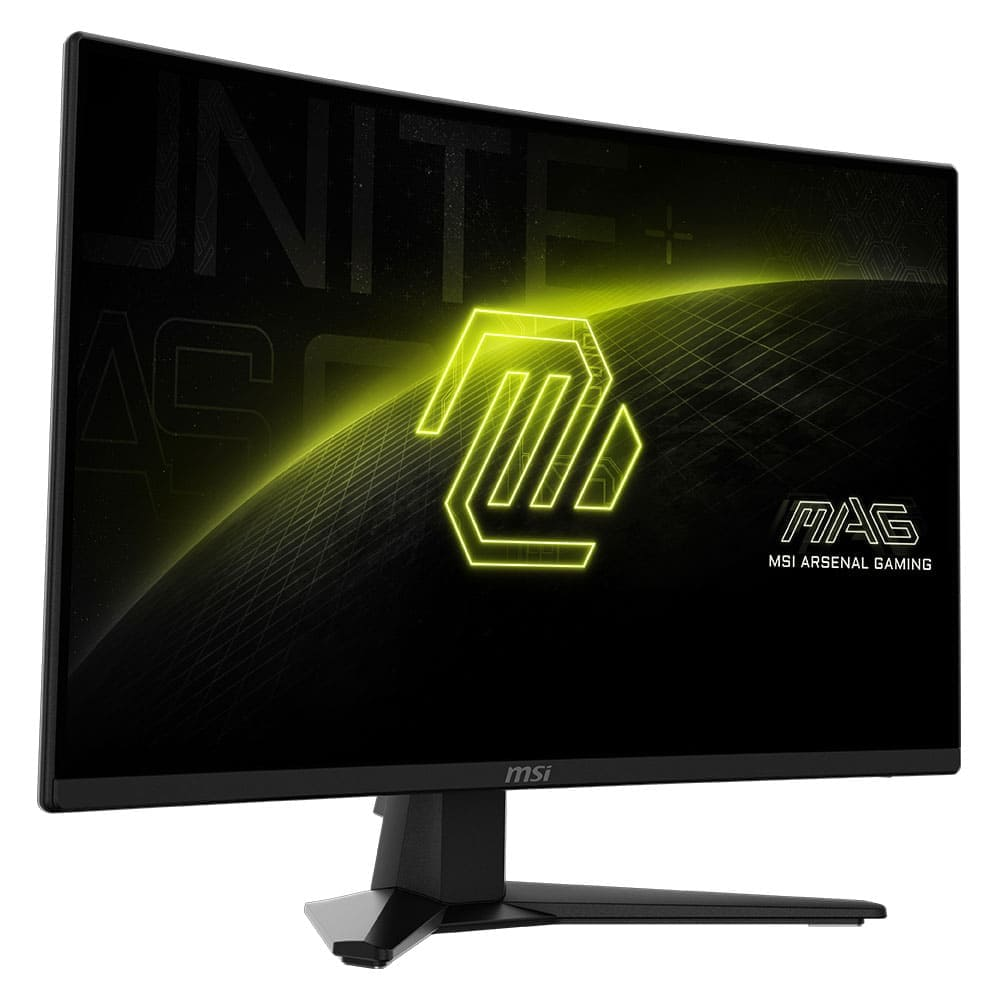 Czarny monitor wyświetlający neonowo-żółte logo. Monitor stoi na czarnym stojaku. Tło jest ciemne.