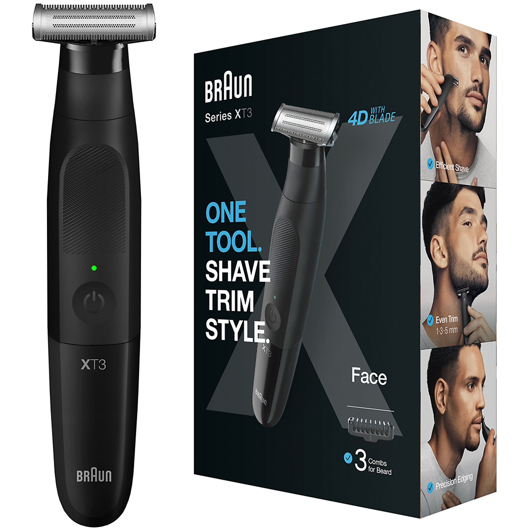 Un rasoio Braun XT3 nero è mostrato con la sua confezione. La scatola mostra il rasoio e uomini che lo usano.