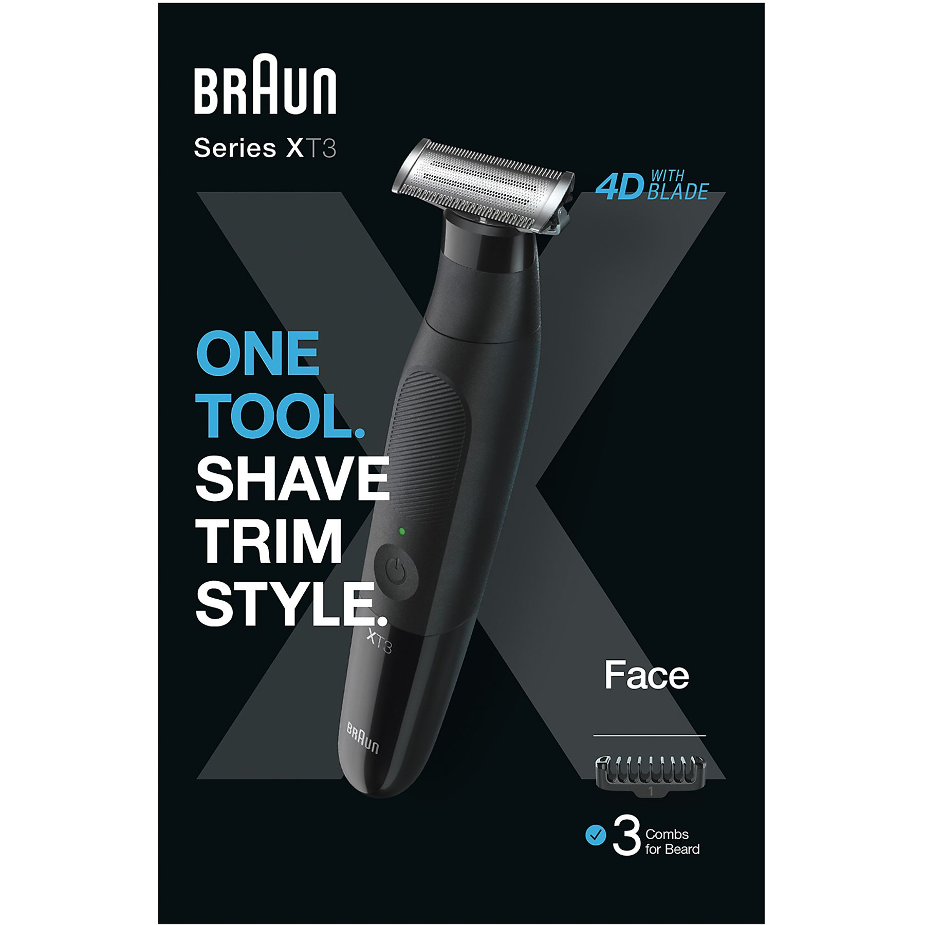 Rasoio Braun Series XT3 su sfondo nero. Testo: One Tool, Shave, Trim, Style. Include 3 pettini per barba.