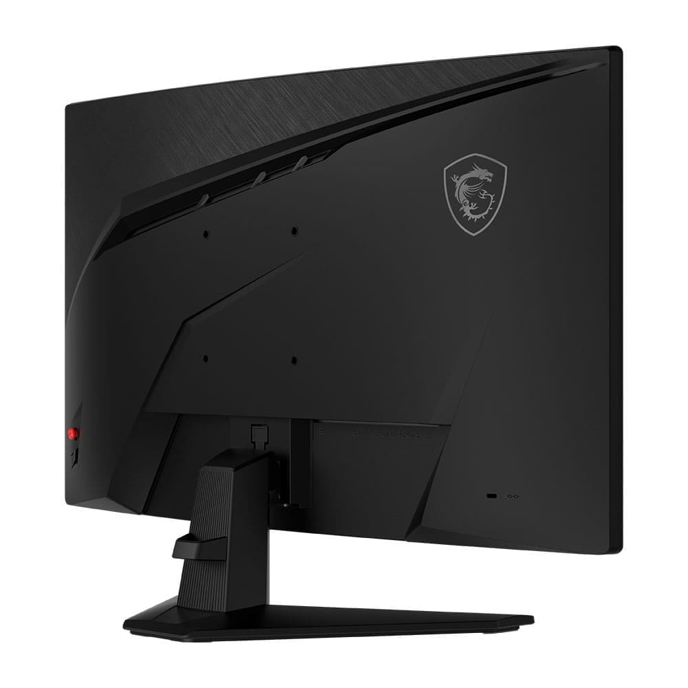 Tył czarnego monitora komputerowego z logo MSI. Posiada podstawkę, porty i teksturowany panel tylny.