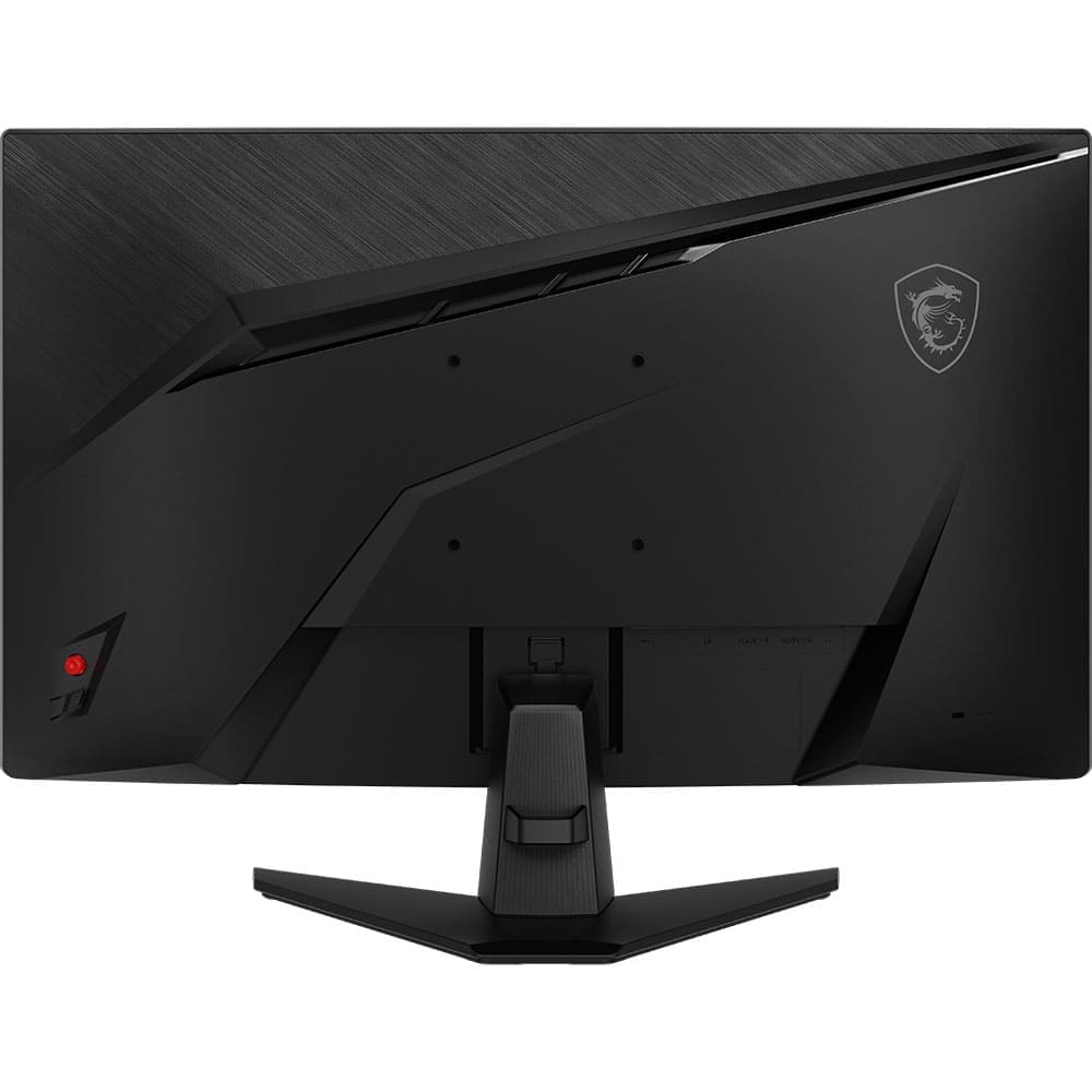 Tył czarnego monitora gamingowego MSI. Posiada podstawkę, porty i logo MSI. Design monitora jest geometryczny z ostrymi kątami.