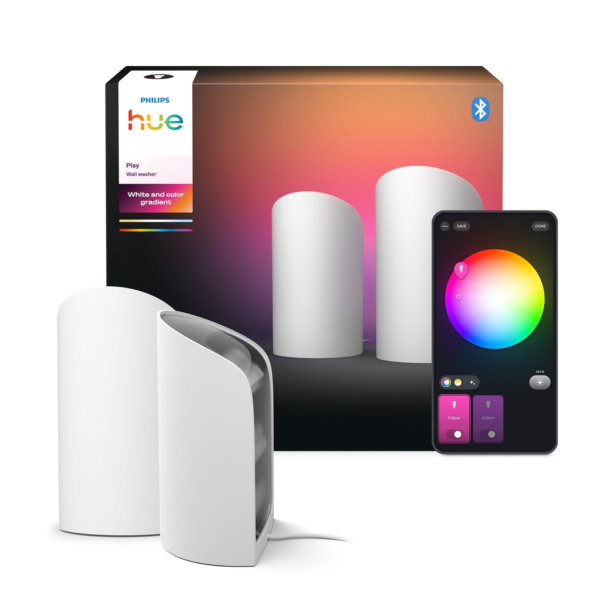 L'immagine mostra una scatola Philips Hue Play con due luci, un telefono con una ruota dei colori e le luci stesse.