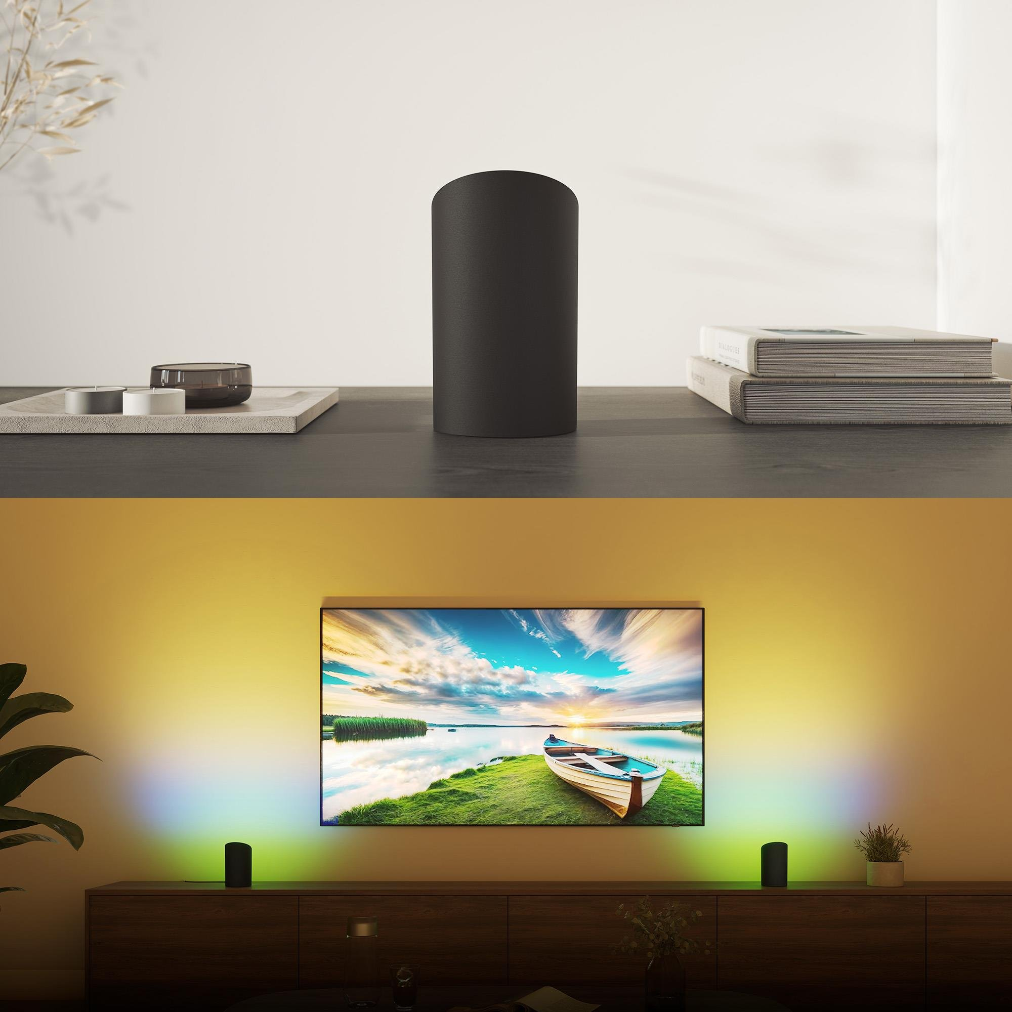 L'immagine mostra un altoparlante, dei libri e una TV. La TV mostra una scena di barca. La stanza ha un'illuminazione ambientale.