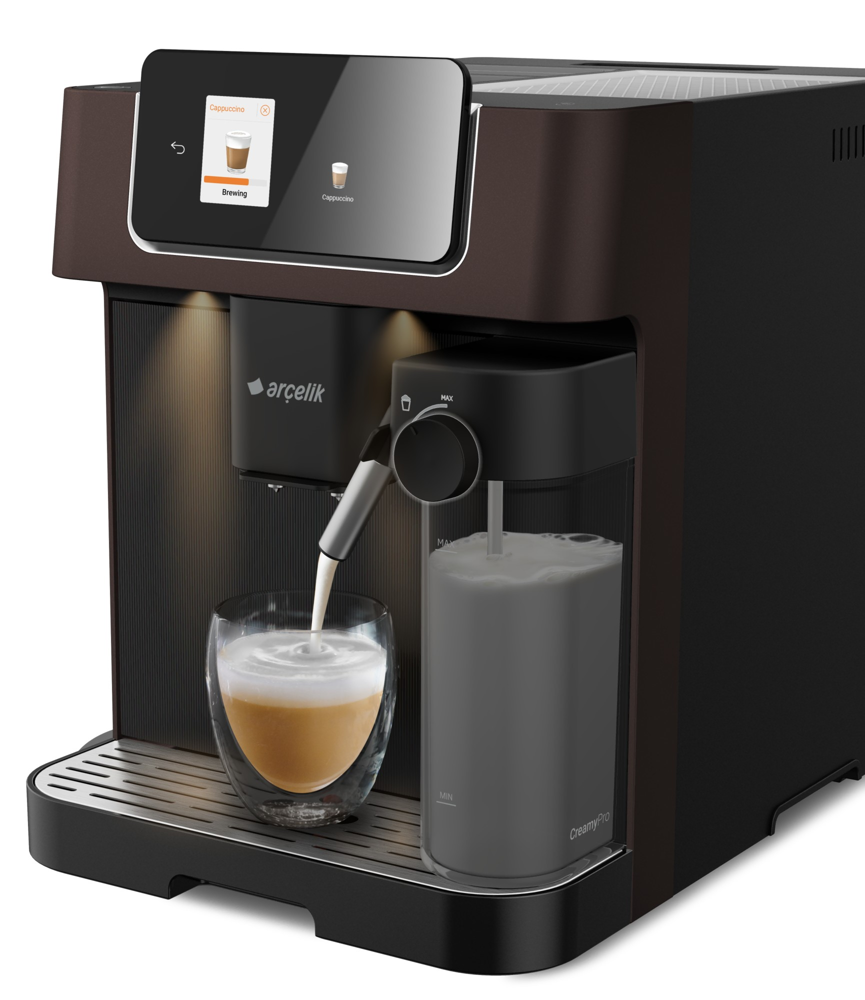 Cappuccino hazırlayan kahve makinesi. Süt bir bardağa dökülüyor. Makine siyah ve kahverengi.