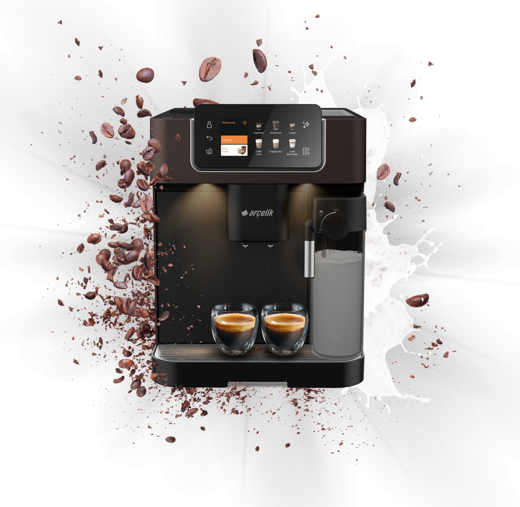Kahve çekirdekleri ve süt sıçramaları olan bir kahve makinesi. İki bardak espresso tepside.