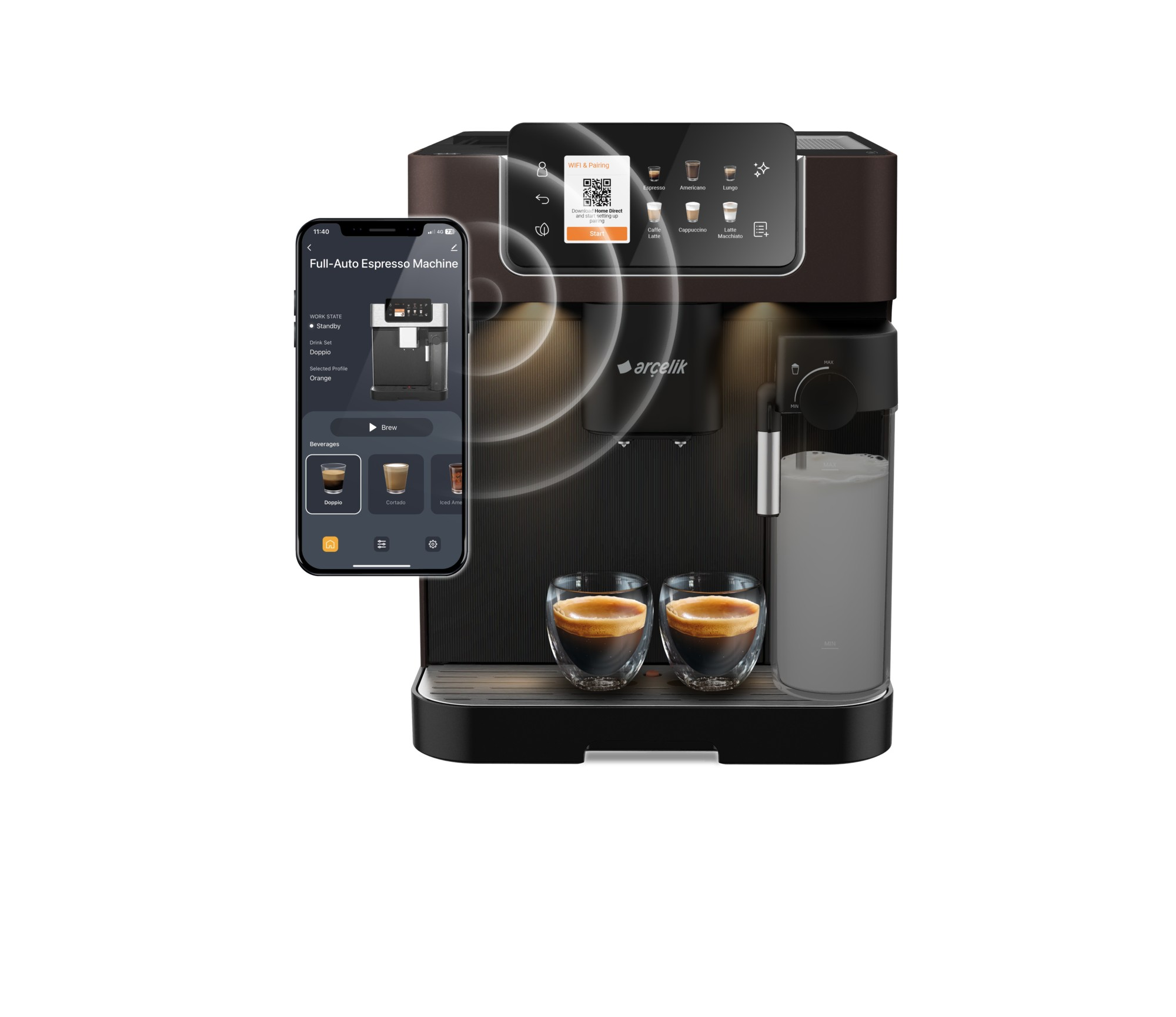 Uygulamayı gösteren telefonlu espresso makinesi. Bardaklarda iki espresso. Ekran, içecek seçeneklerini gösteriyor.