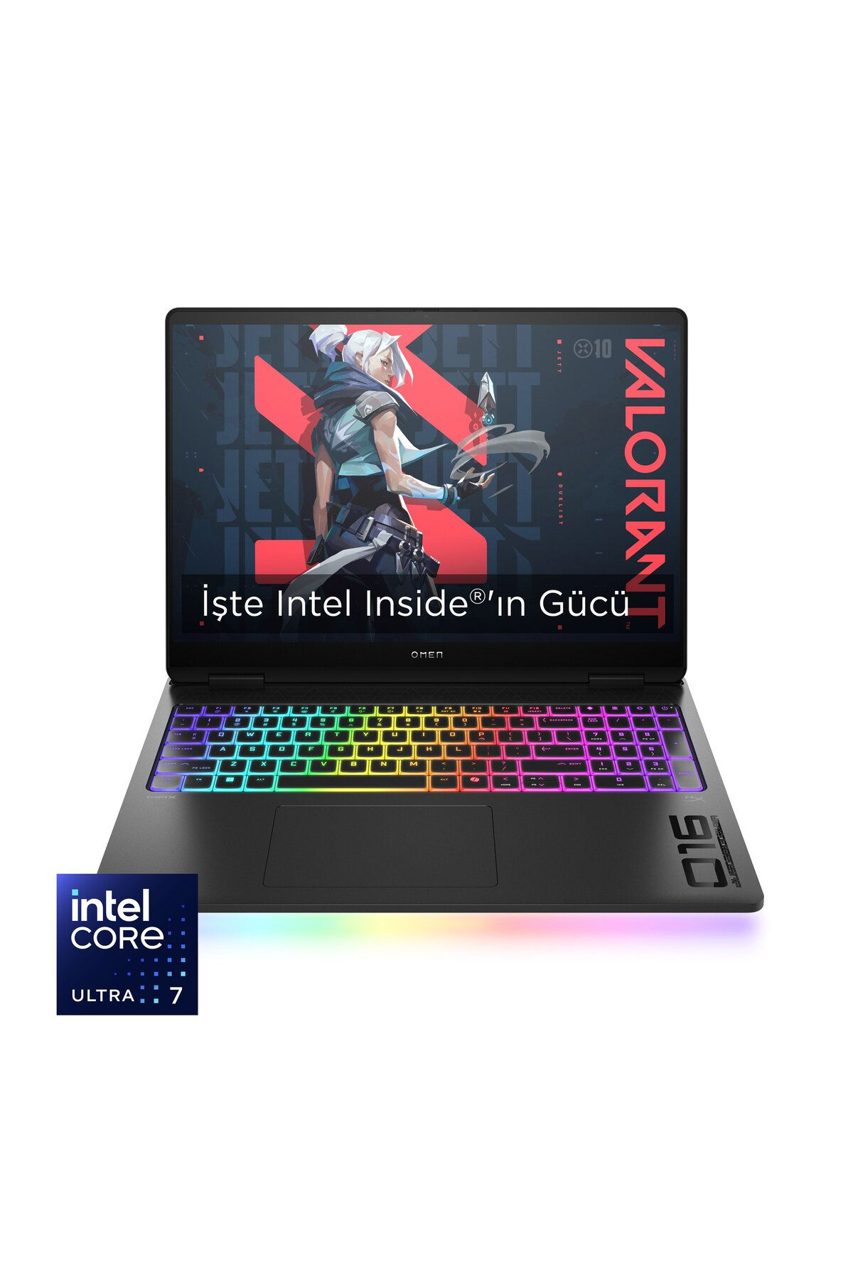 Renkli klavyeli siyah dizüstü bilgisayar, ekranda Valorant oyunu ve Intel Core Ultra 7 etiketi.