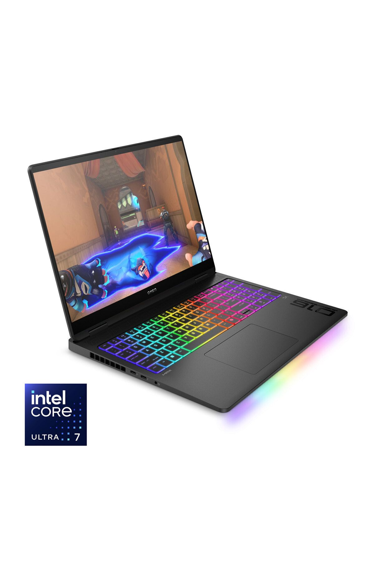 Siyah Omen dizüstü bilgisayar, oyun gösteriyor. Klavyede gökkuşağı ışıkları var. Sol altta Intel Core Ultra 7 etiketi.