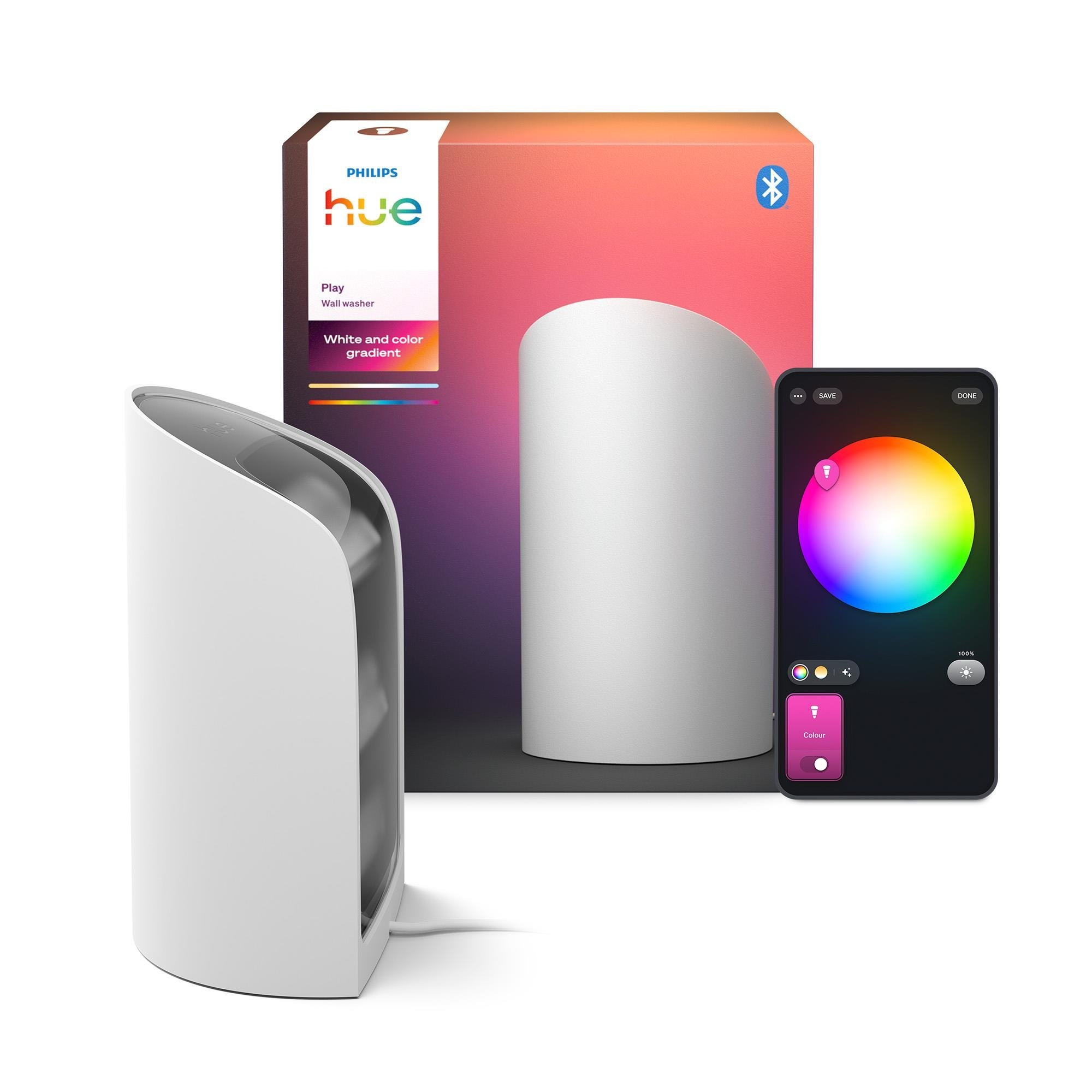 Lava muro Philips Hue Play con scatola e telefono che mostra le opzioni colore. Lampada bianca a sinistra.