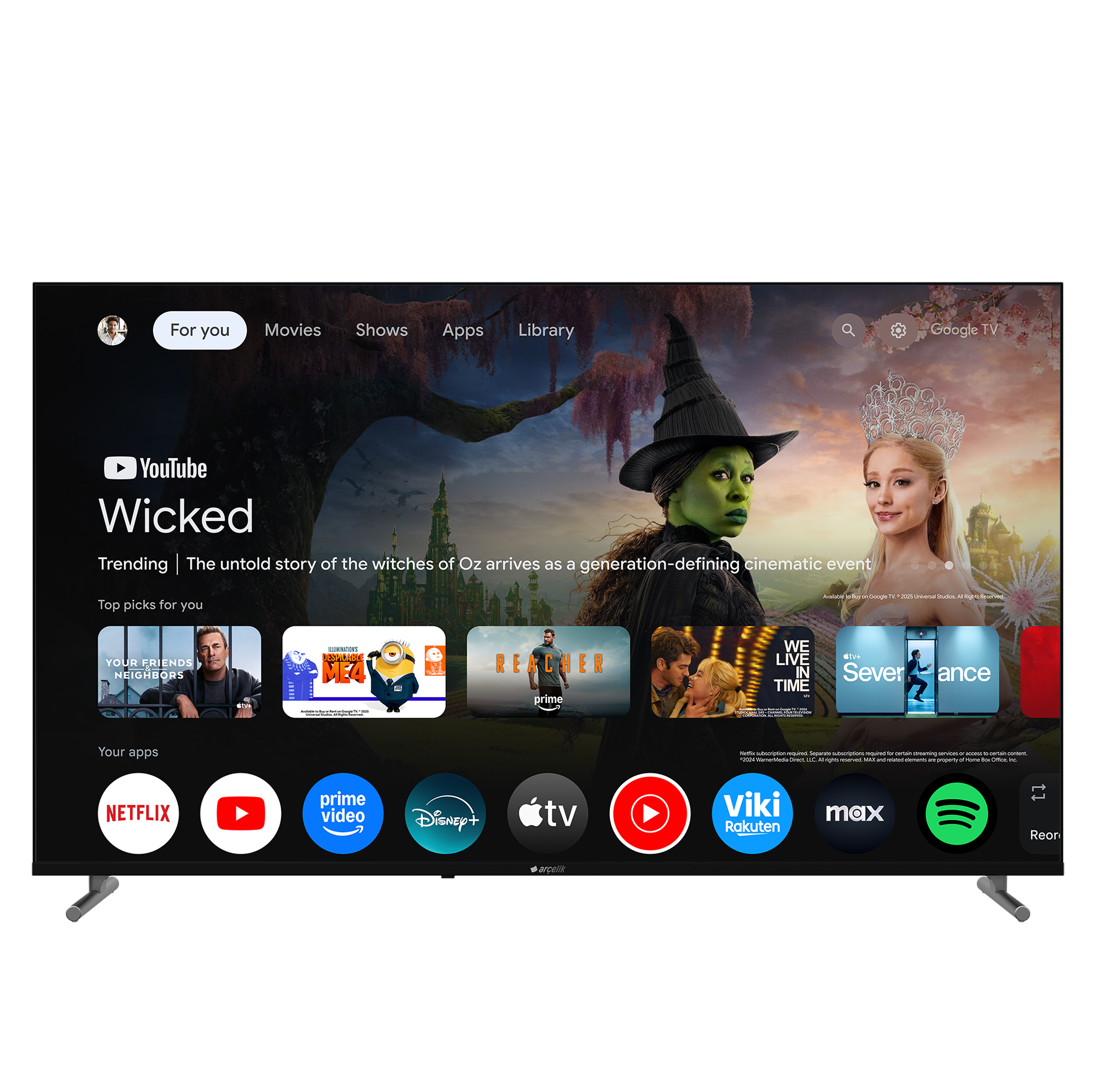Bir TV ekranı 'Wicked' filminin reklamını gösteriyor. Netflix, Prime Video ve Disney+ gibi uygulamalar da görülebilir.