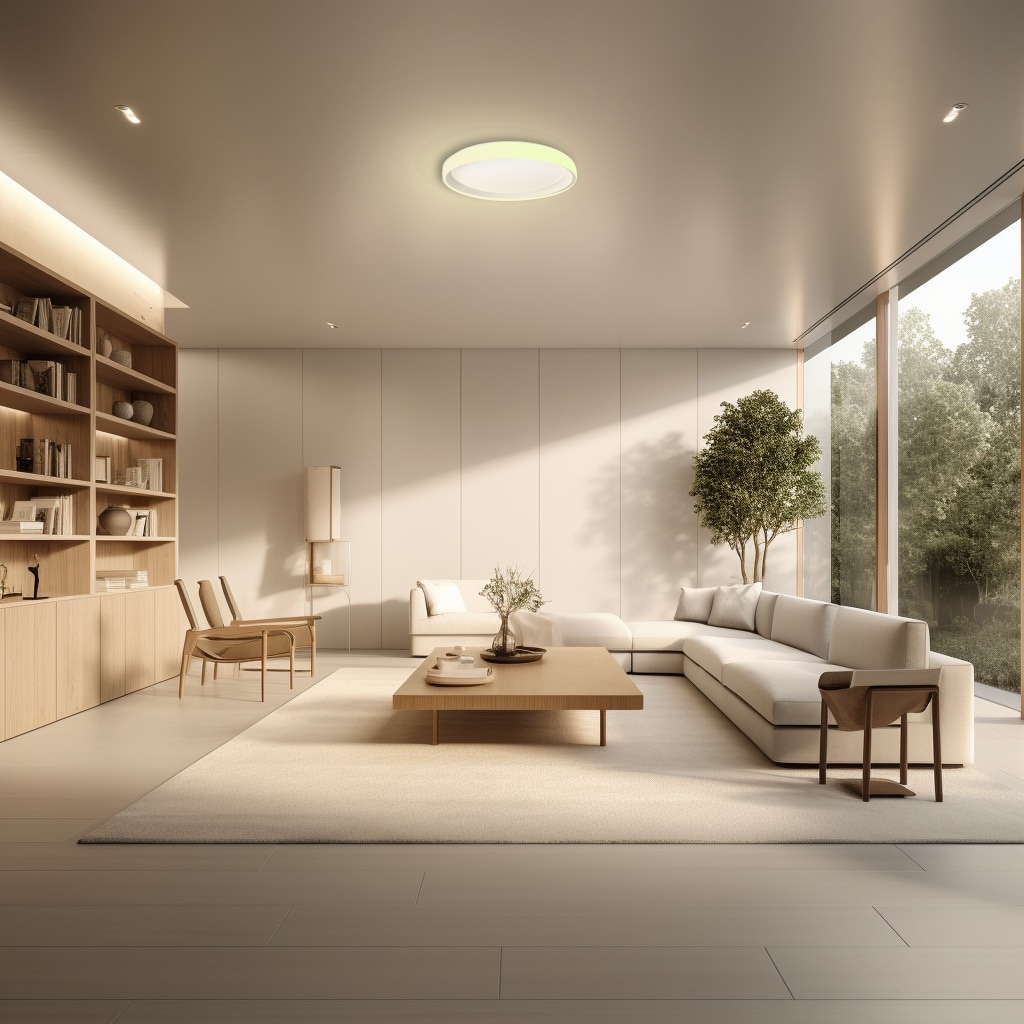 Nowoczesny salon z beżową sofą, drewnianymi meblami i dużym oknem z widokiem na drzewa. Przed sofą znajduje się stolik kawowy.