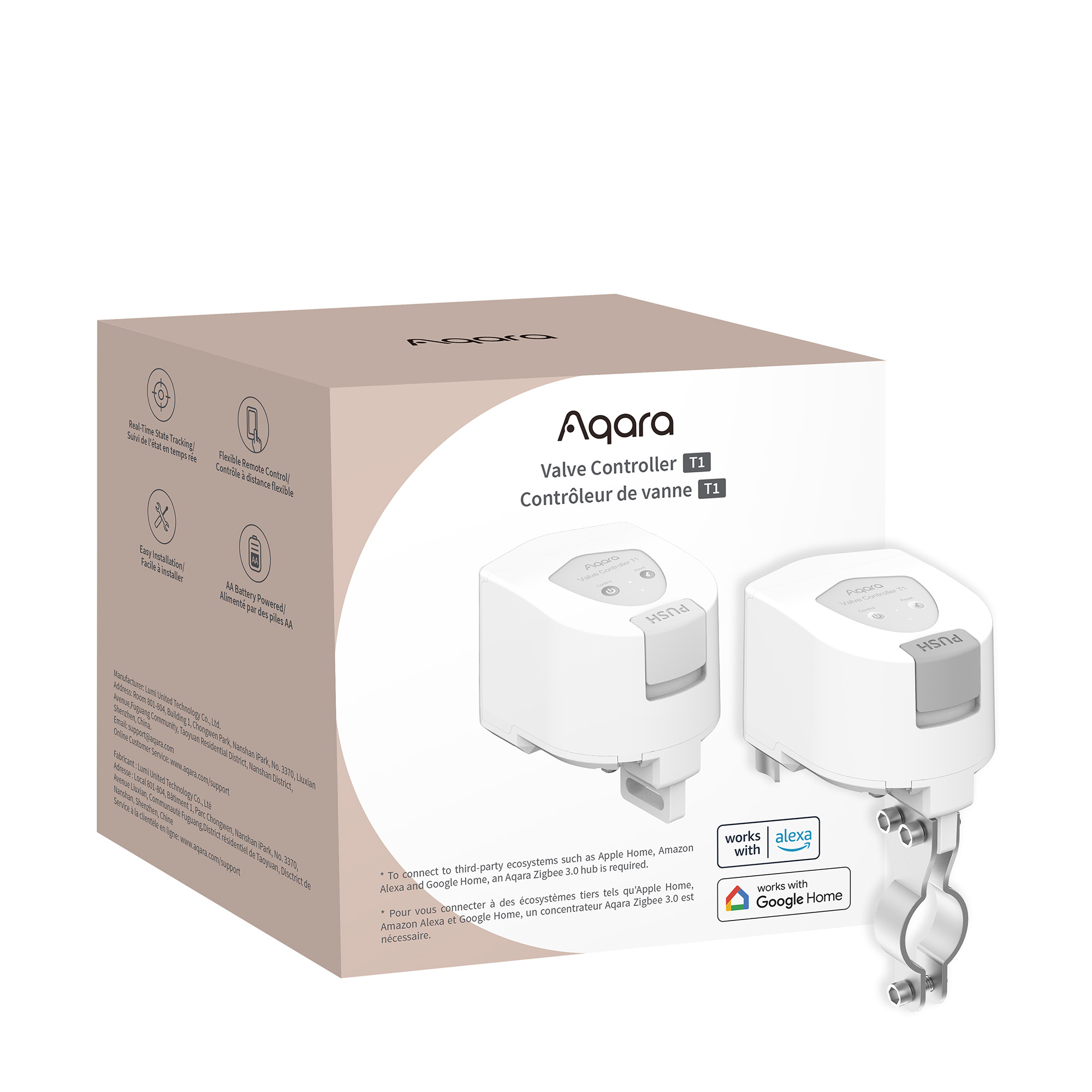 Beyaz Aqara Vana Kontrol Cihazı T1 kutusu, iki kontrol cihazı ile ürün resmi, özellikler, Alexa ve Google Home uyumlu.