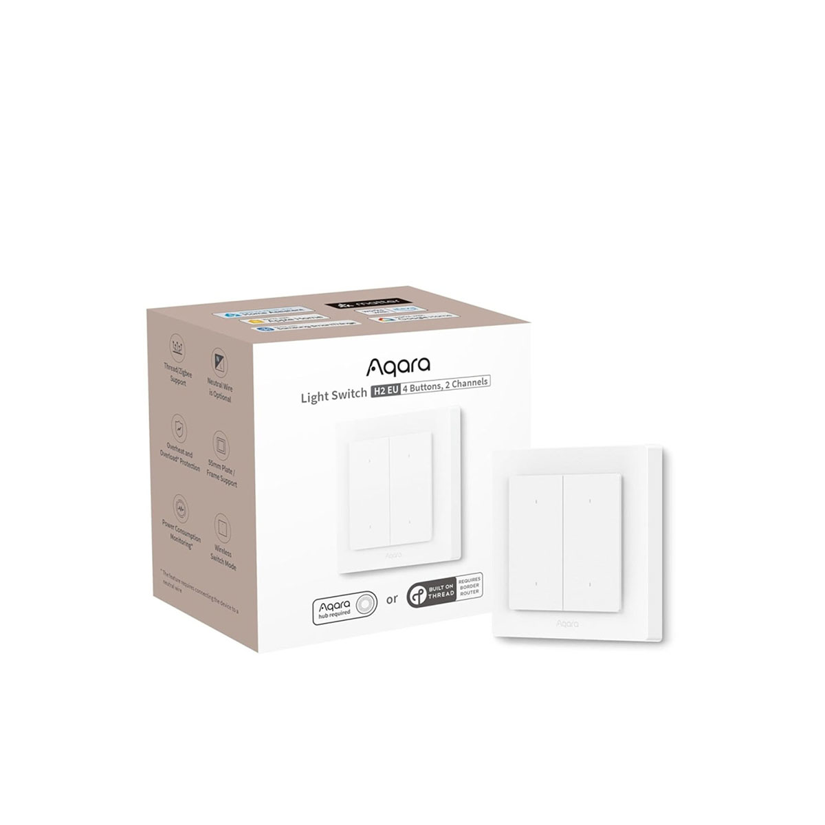 Ein weißer Aqara-Lichtschalter mit zwei Tasten. Die Box weist auf Funktionen wie Zigbee-Unterstützung und Überlastschutz hin.