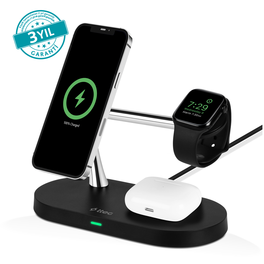 TTEC AirCharger Quattro M MagSafe  iPhone + Apple Watch + AirPods Uyumlu LED Aydınlatma Kablosuz Şarj Aleti Siyah