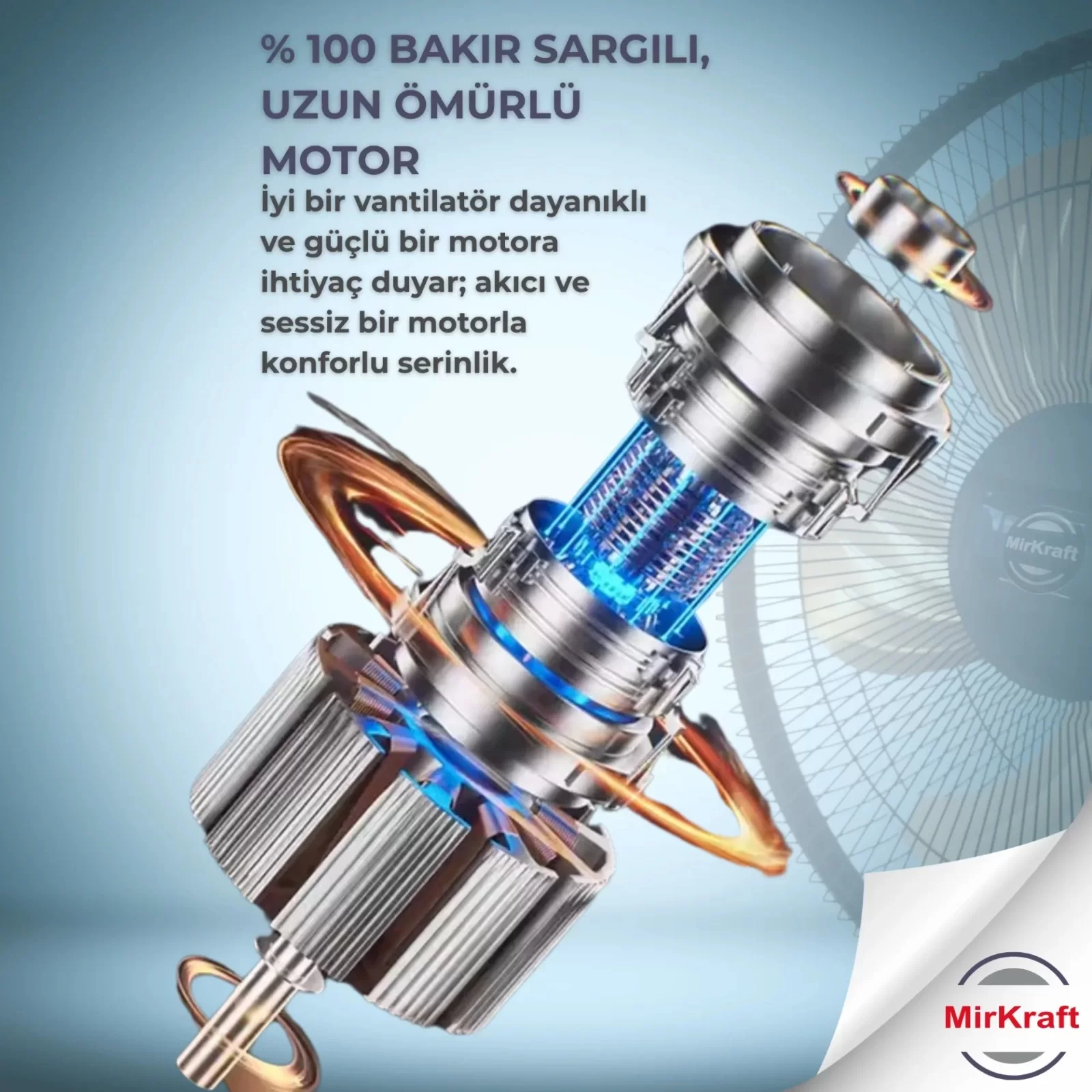 Bakır bileşenlere ve mavi aydınlatmaya sahip bir fan motorunun patlatılmış görünümü, Türkçe metinle.